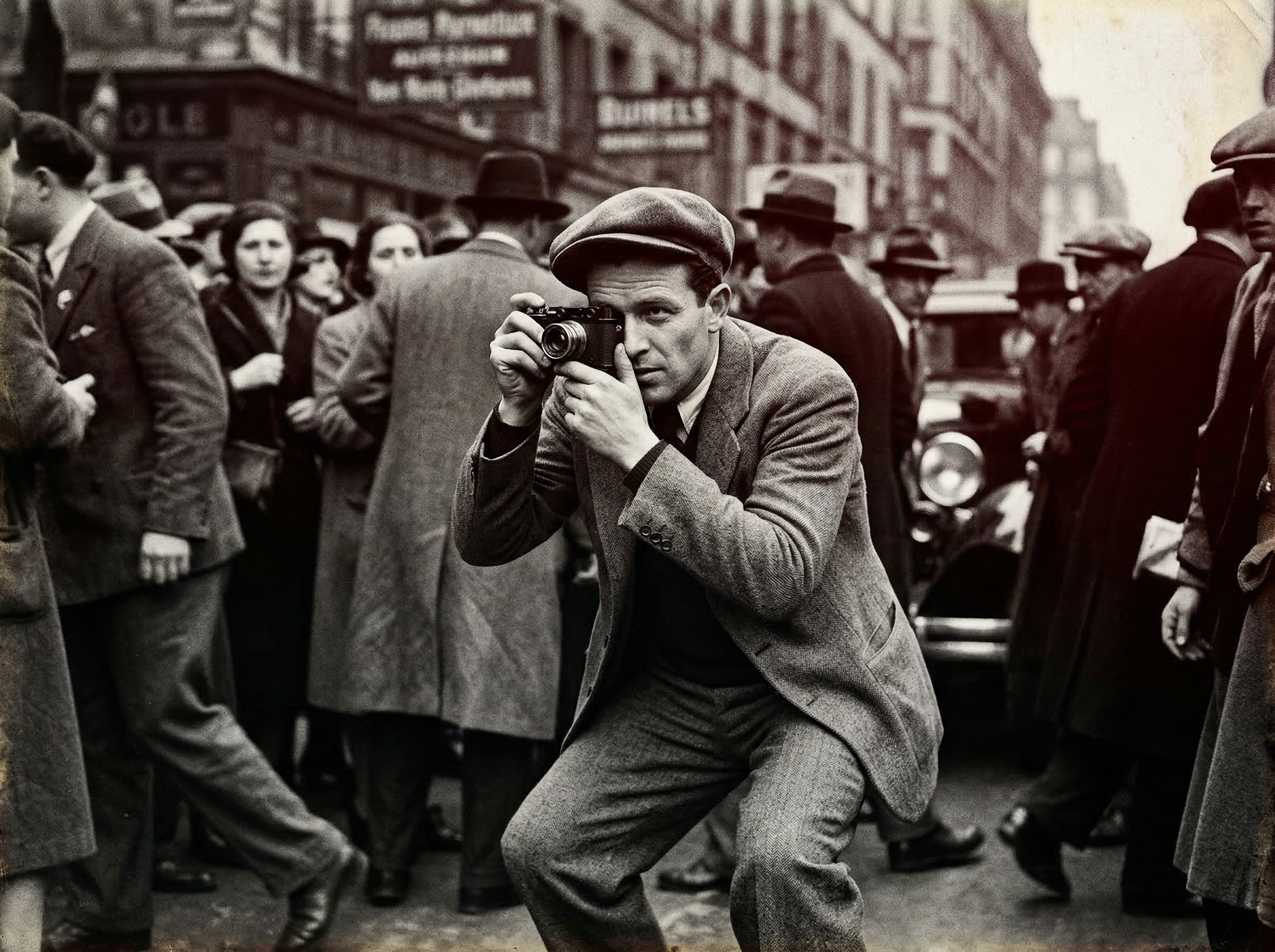 A 1930s photojournalist with a small Leica camera capturing a crowd scene, sepia-toned documentary style