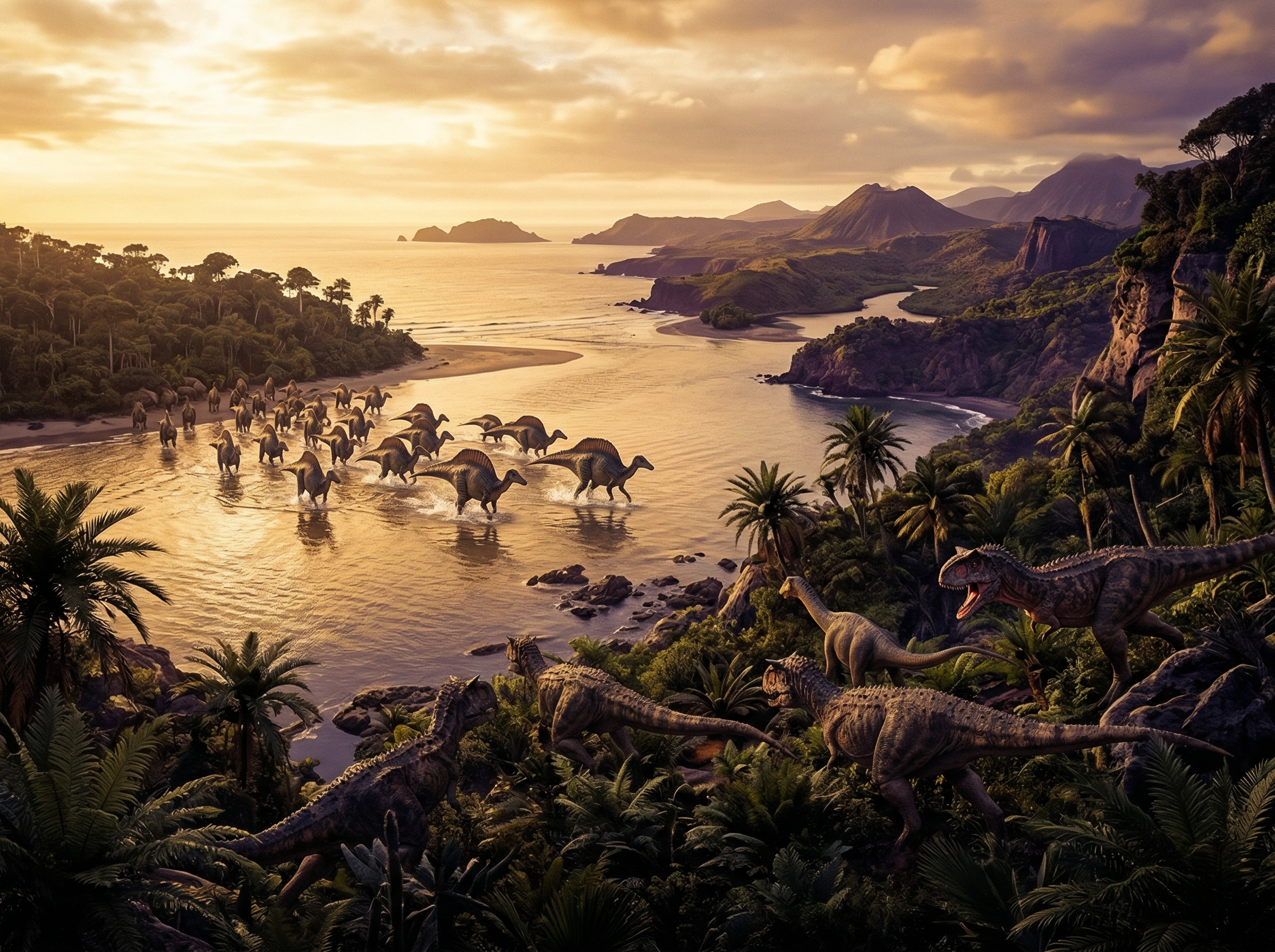 Diverse dinosaurs roaming an ancient African coastline, with abelisaurs and hadrosaurs in lush tropical vegetation