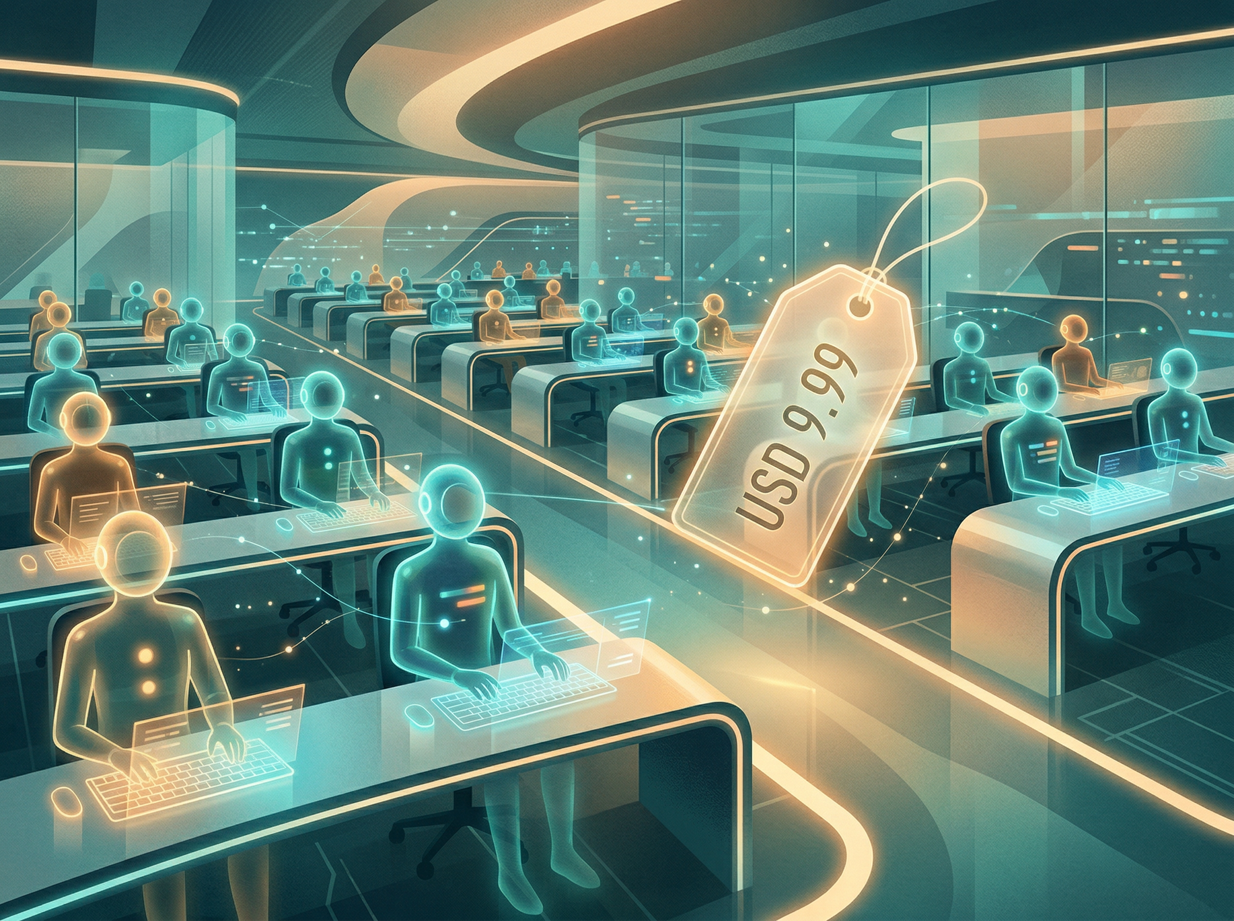 A sleek digital workforce of translucent AI agent silhouettes at minimalist desks