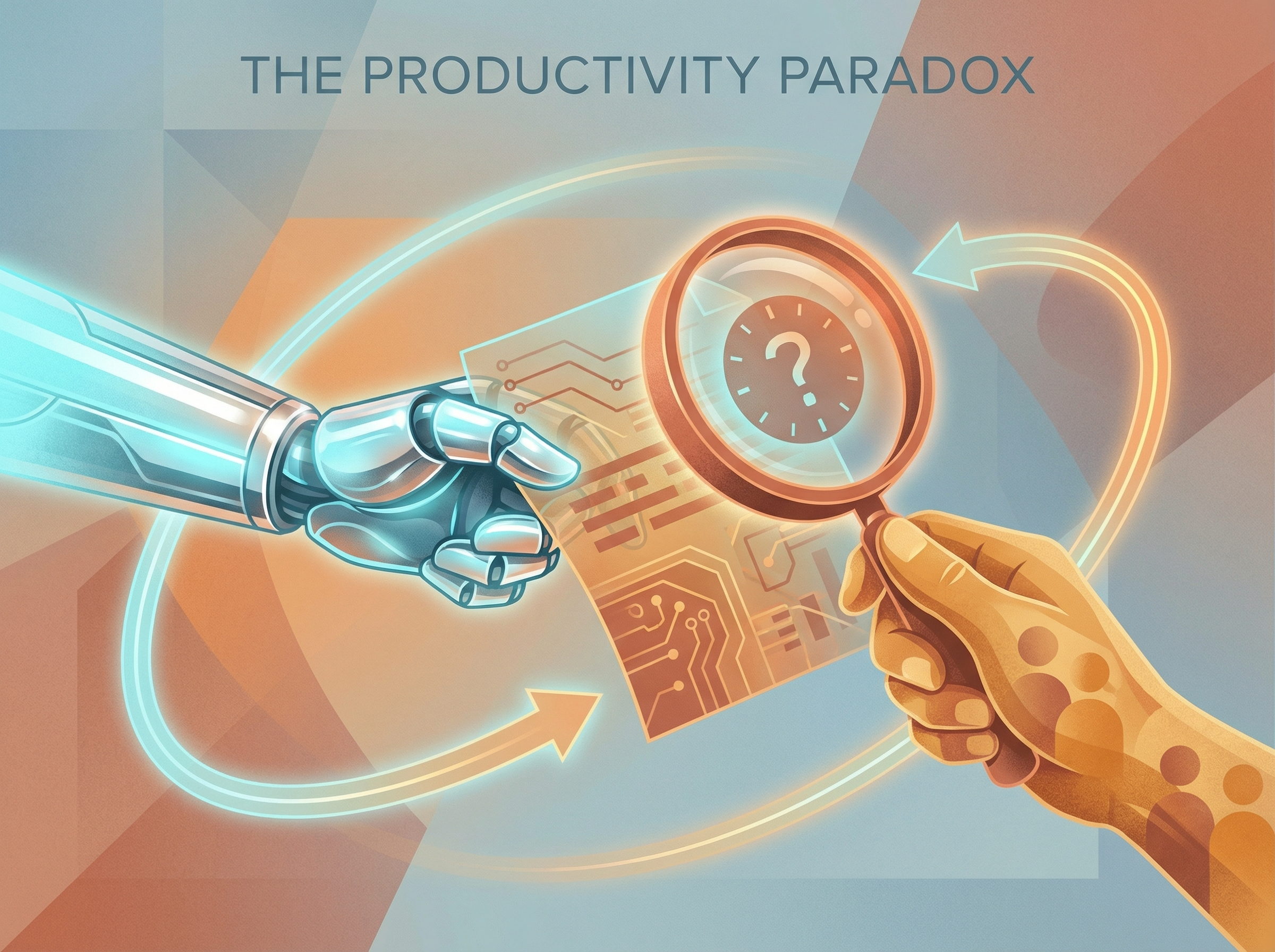 Abstract visualization of a robot handing work to a human who verifies it with a magnifying glass