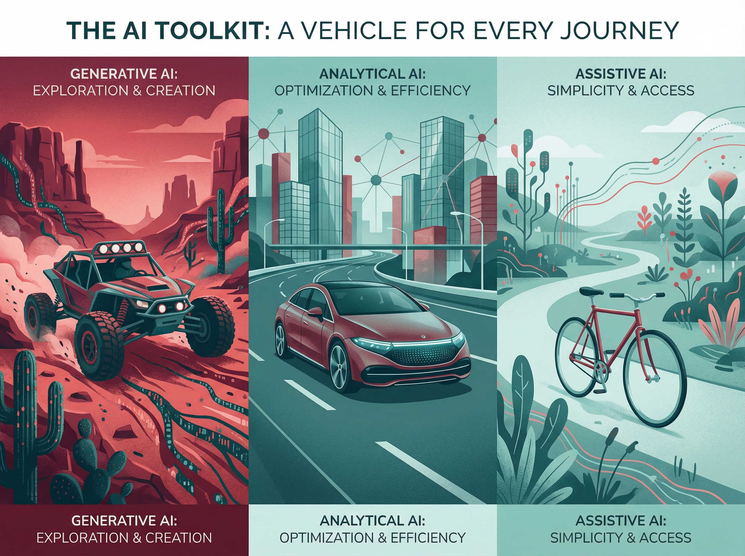 Three AI tools represented as different vehicles on different terrains