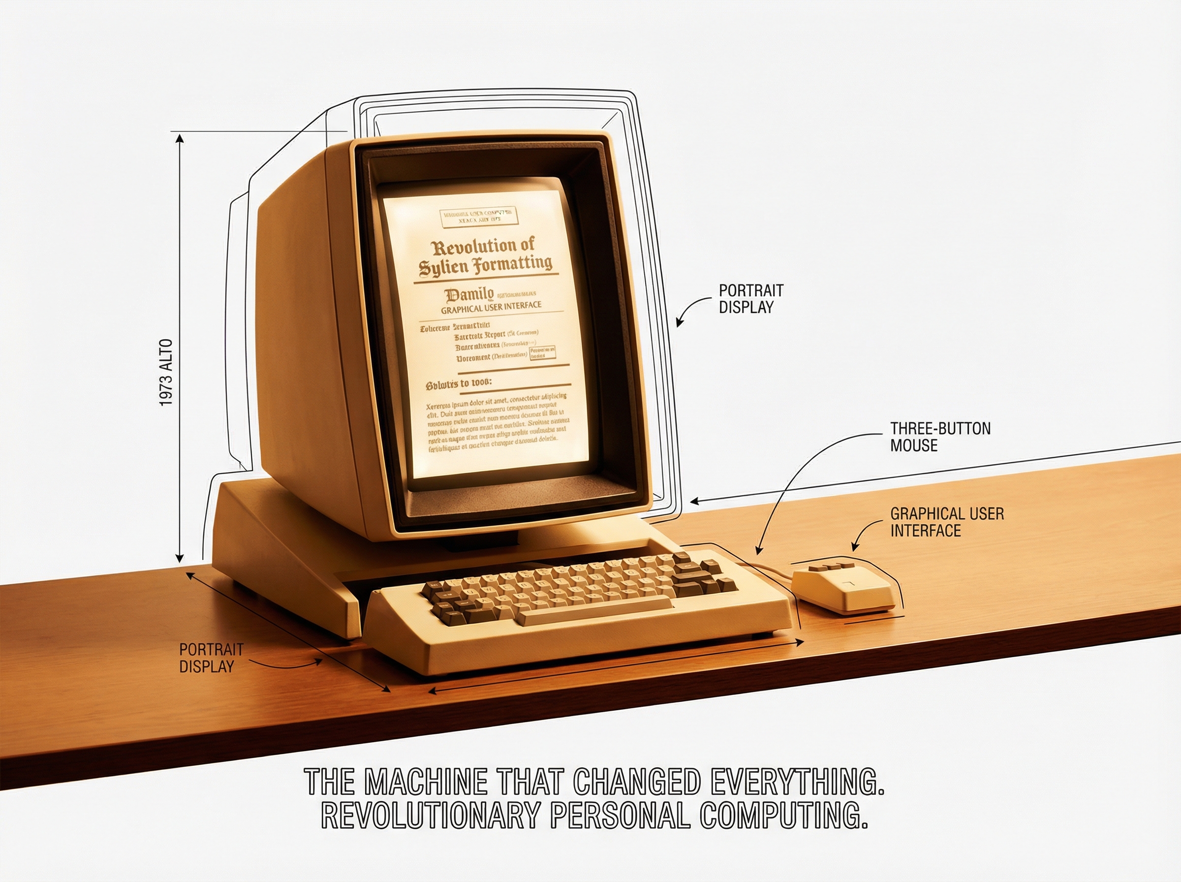 The Xerox Alto computer with portrait-oriented screen, three-button mouse, and WYSIWYG display