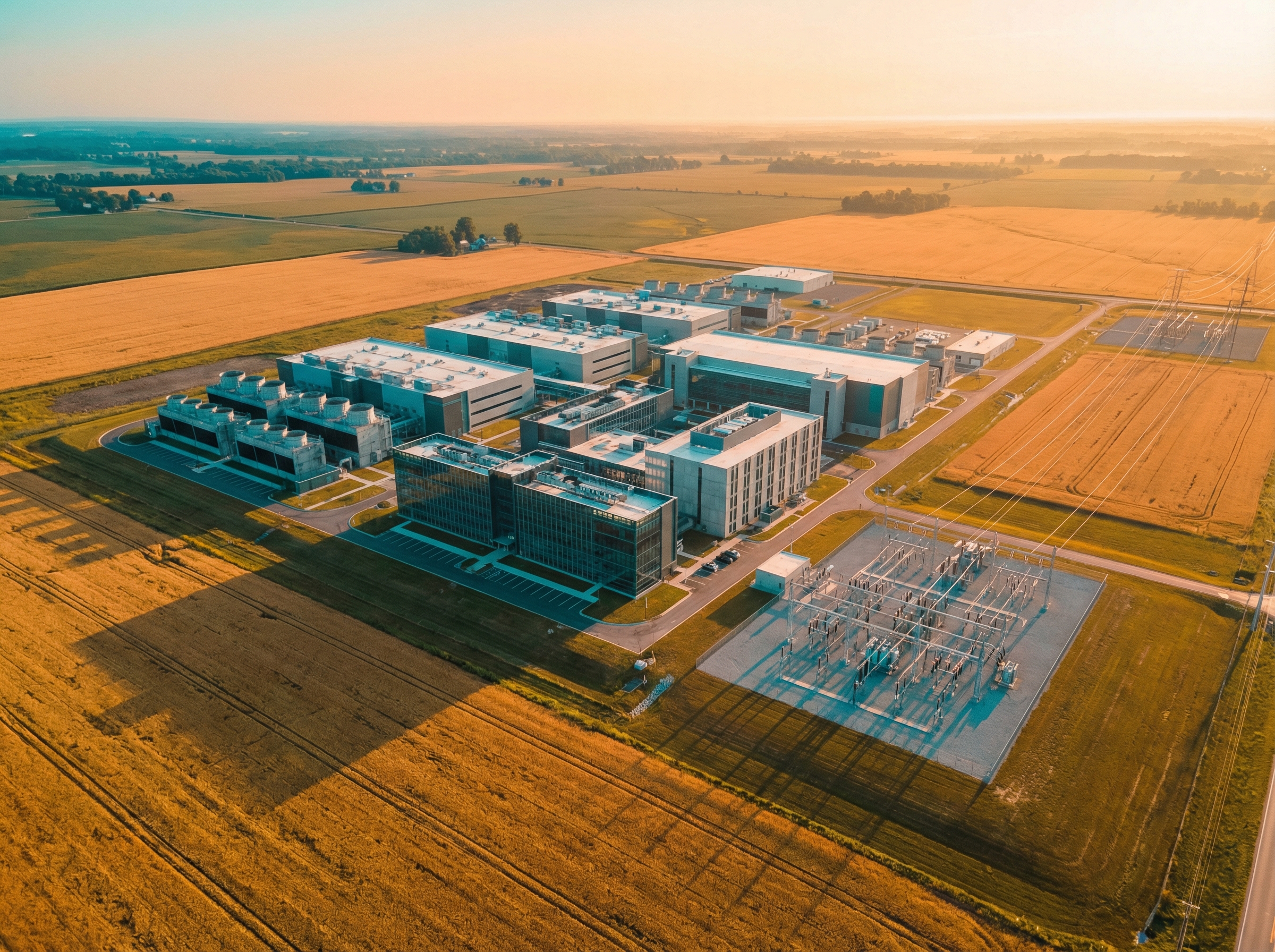 Aerial view of data center campus rising from Indiana farmland with transmission lines converging