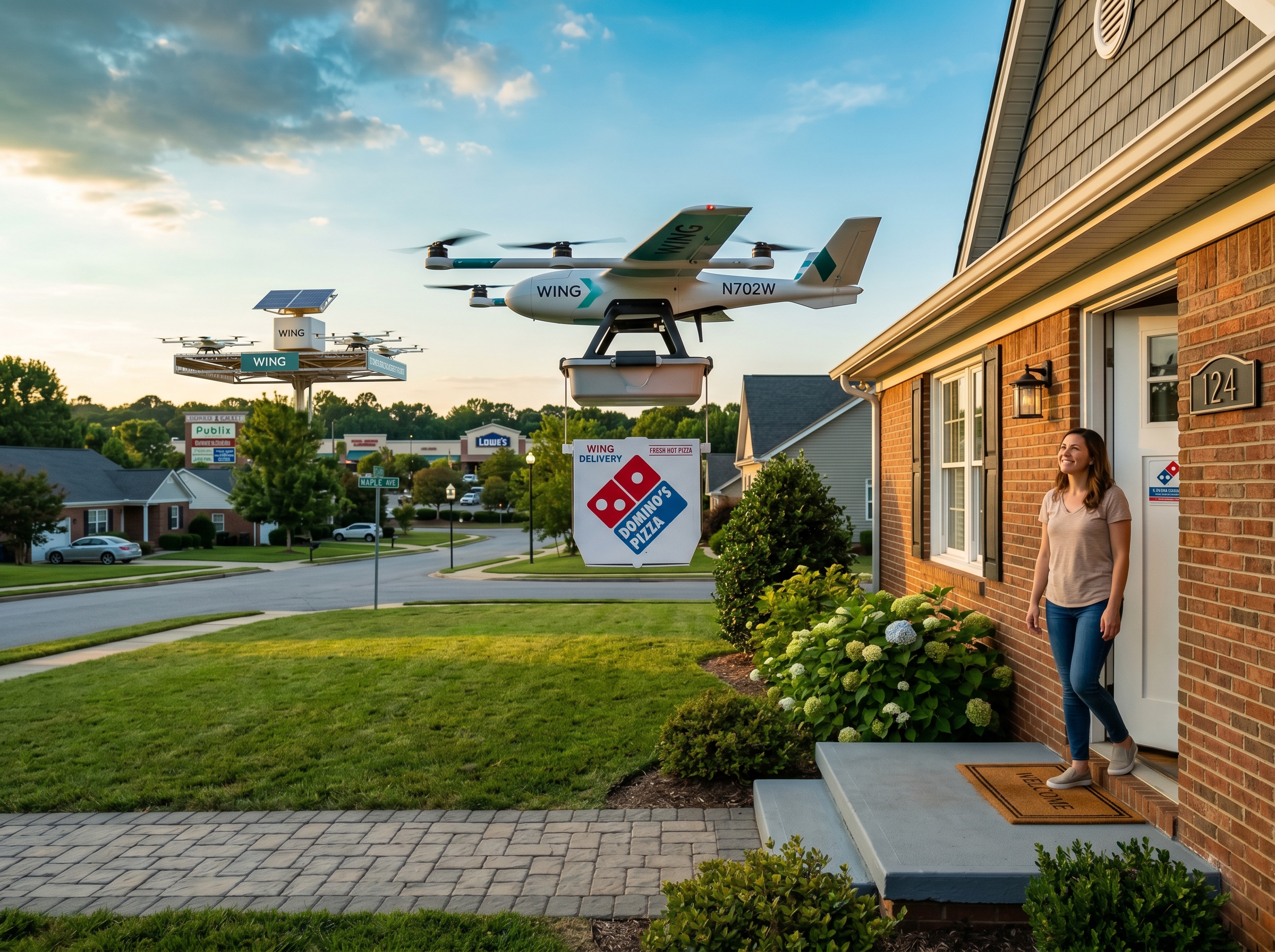 Amazon MK30 delivery drone hovering over an Idaho landscape with mountains in the background