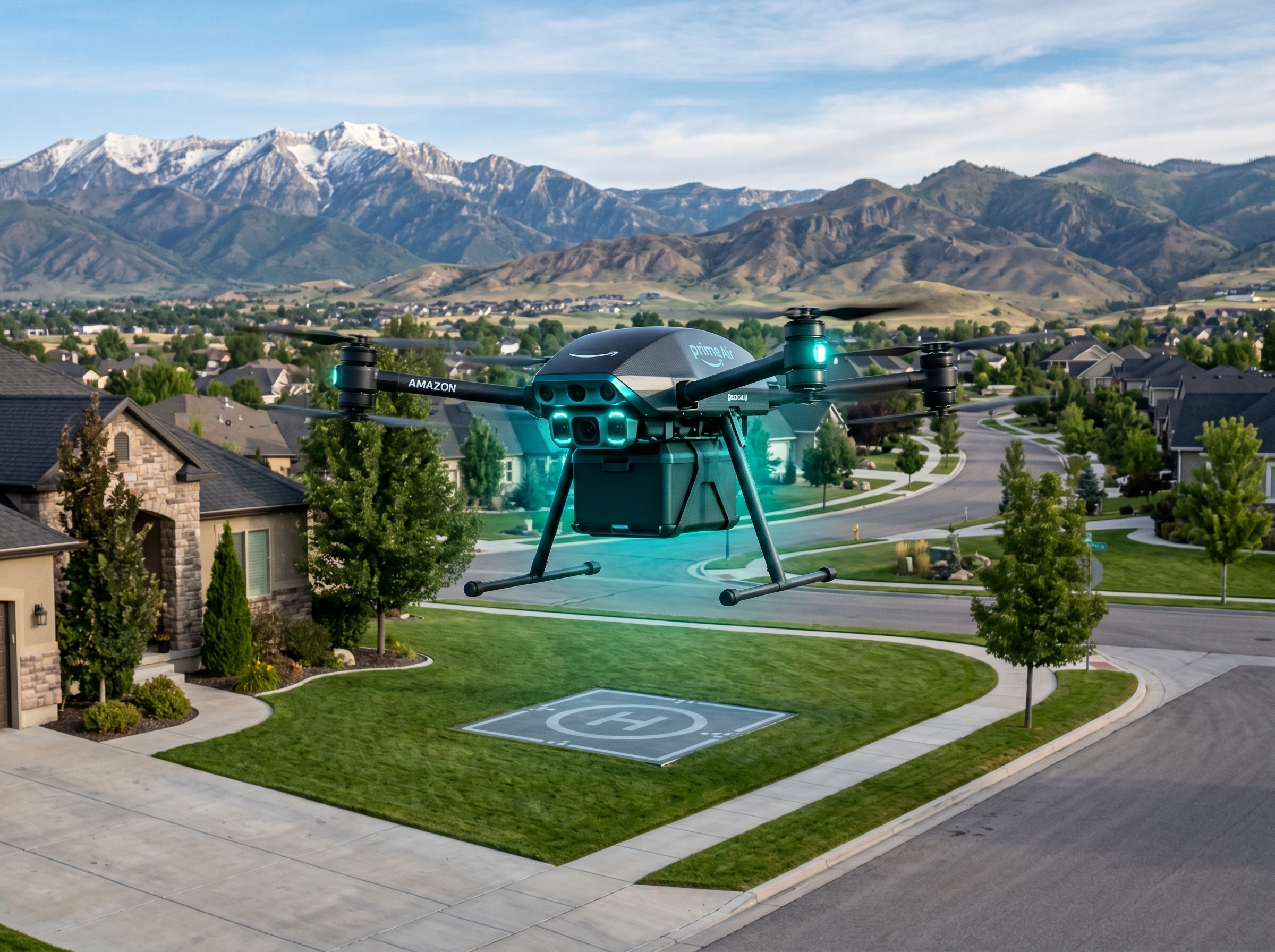 Amazon MK30 drone hovering over an Idaho suburban landscape