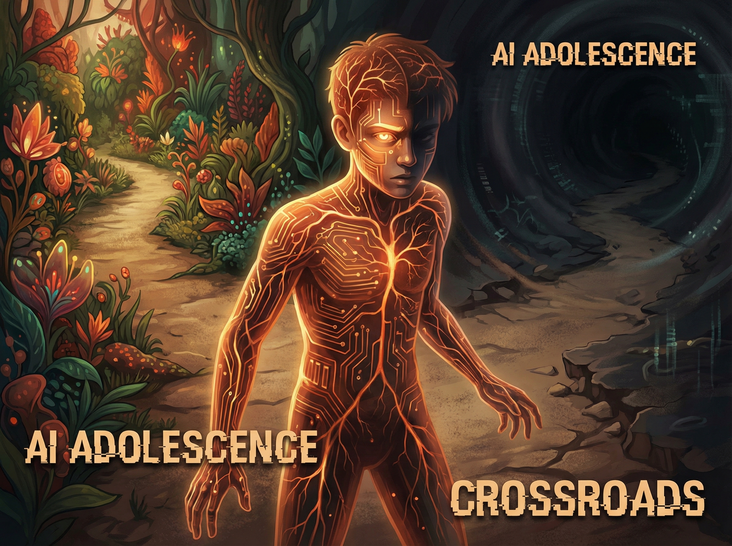 A teenage figure made of glowing circuit traces stands at a crossroads where one path leads to a garden and another to void