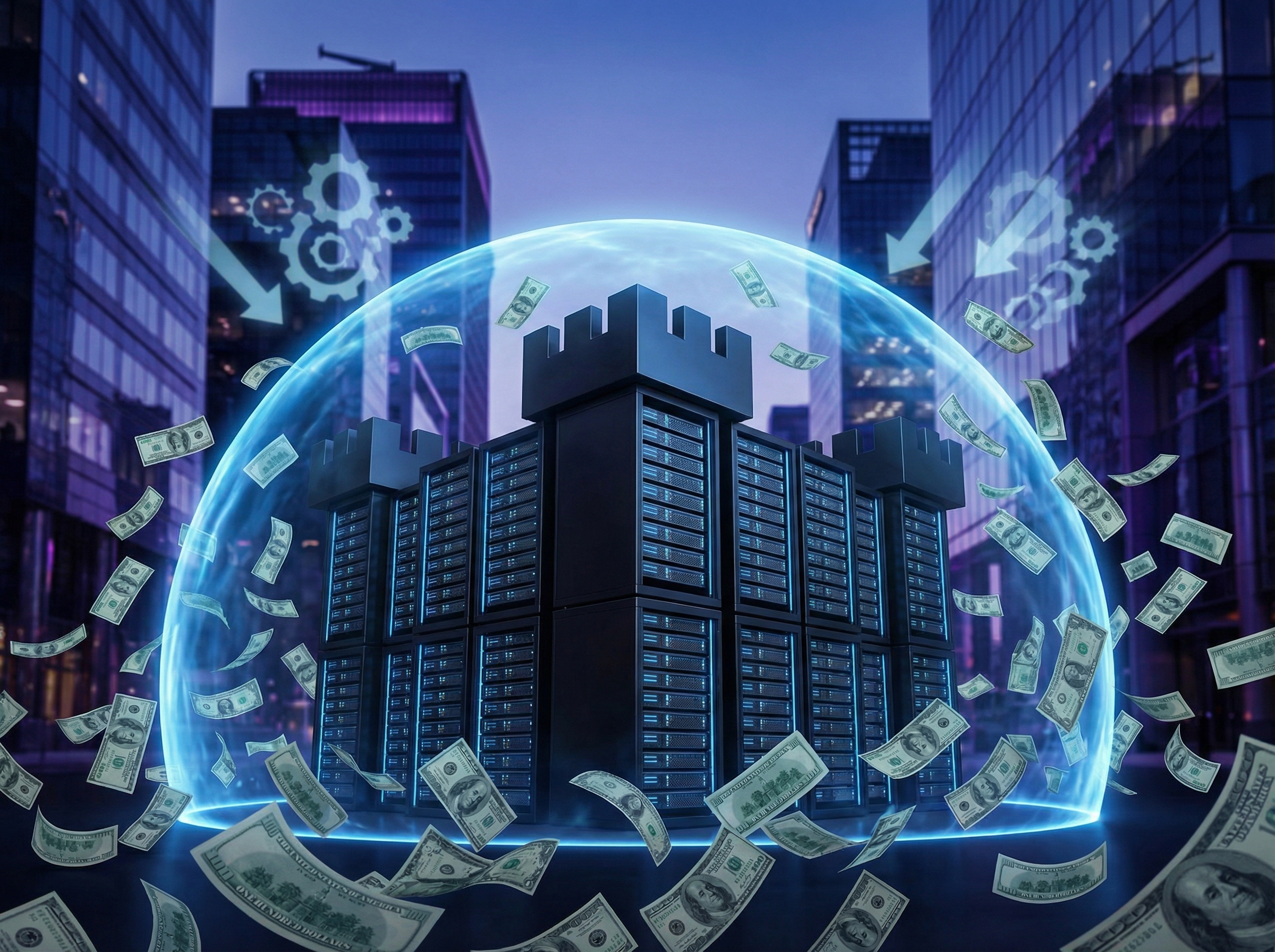 Obsidian fortress of servers protected by a glowing safety shield