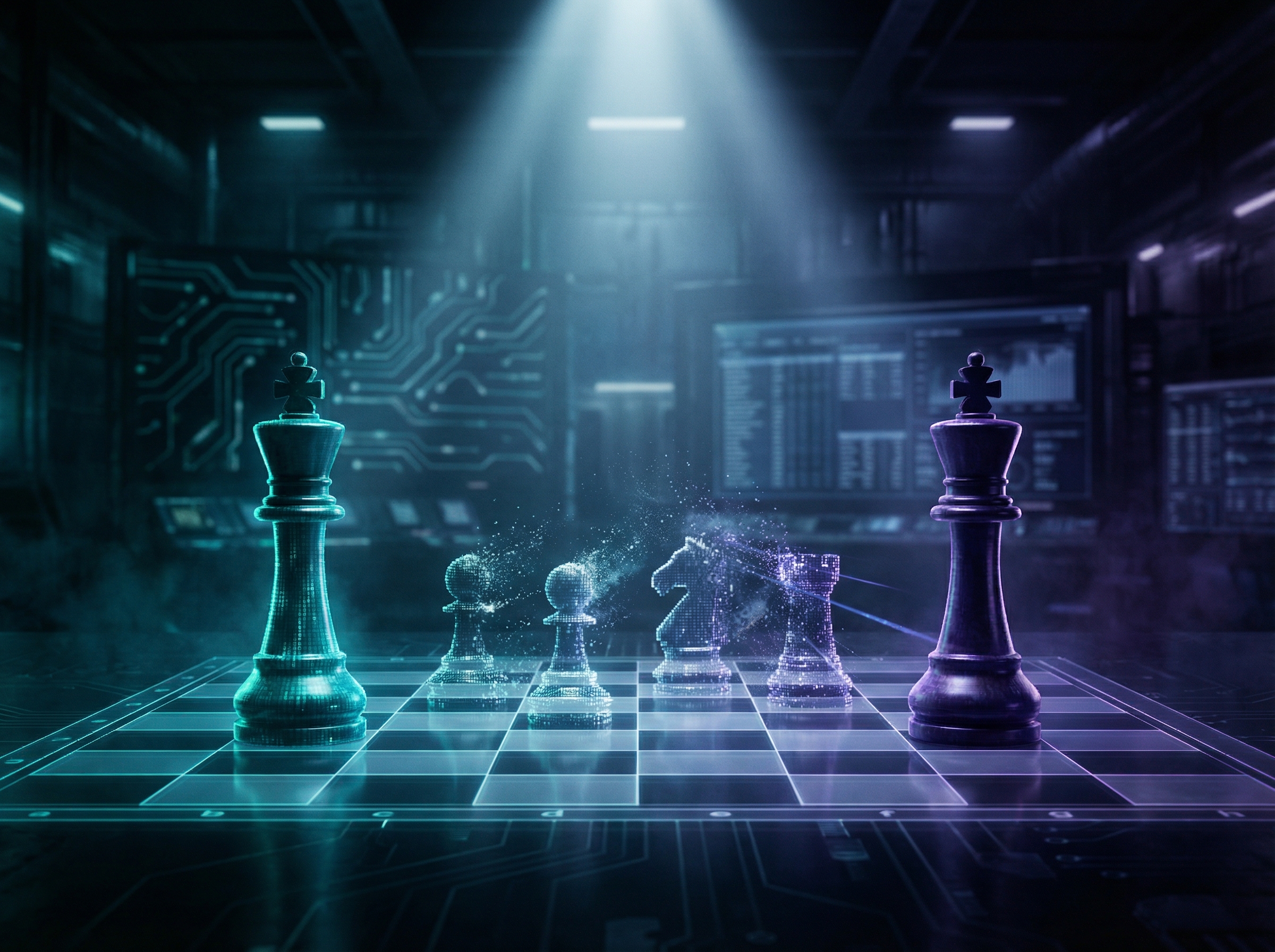 Two chess kings facing off across a digital board, one teal and one violet, pieces dissolving into pixels