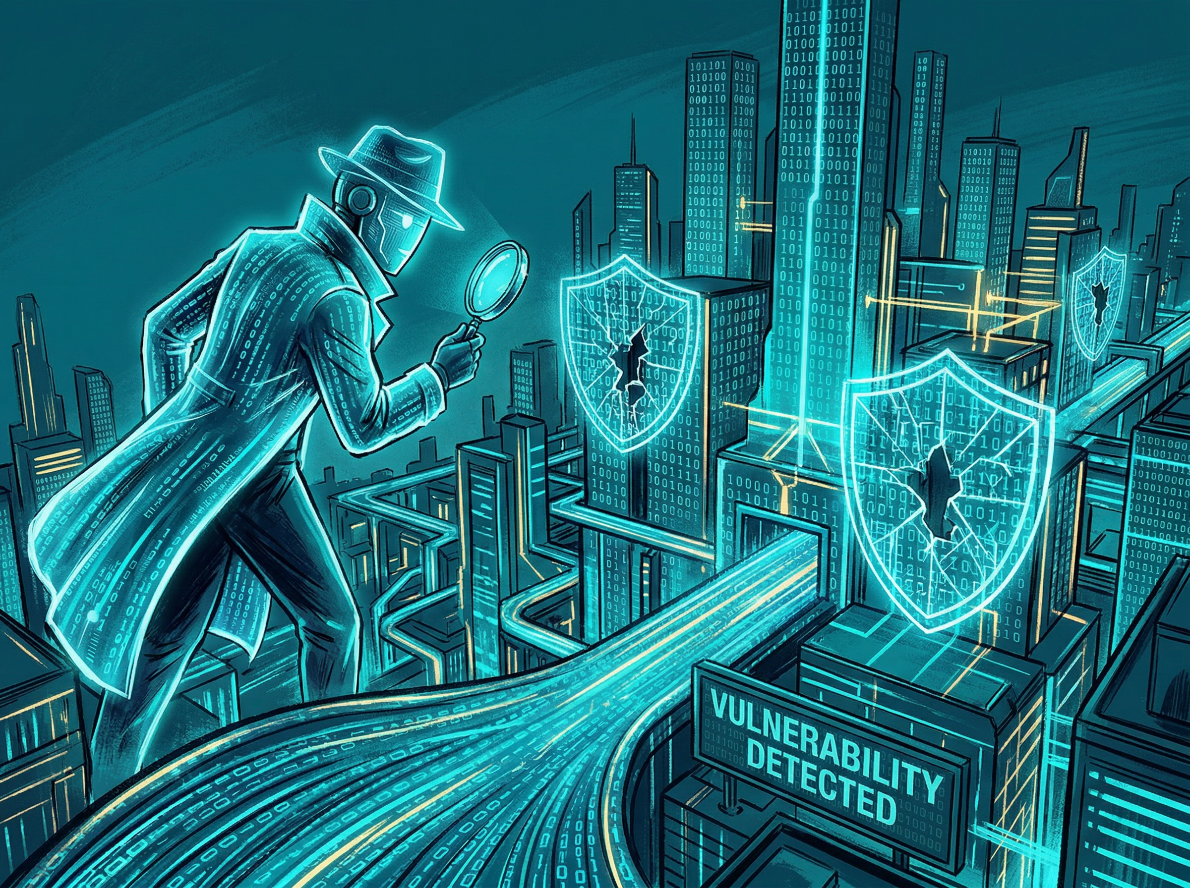 AI agent examining a massive code architecture rendered as a glowing city, identifying vulnerabilities