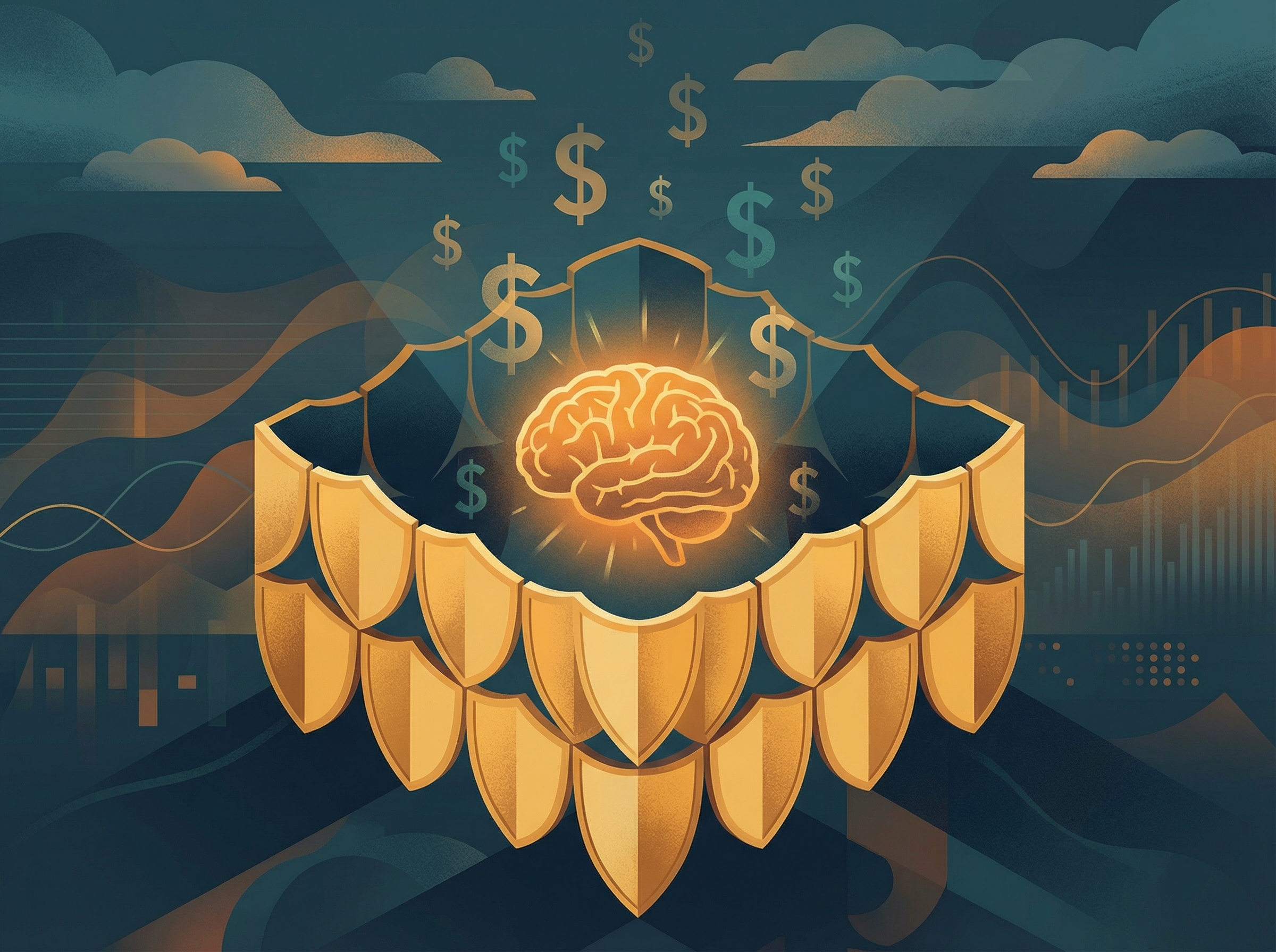 Fortress of safety shields with glowing brain at center, dollar signs floating upward