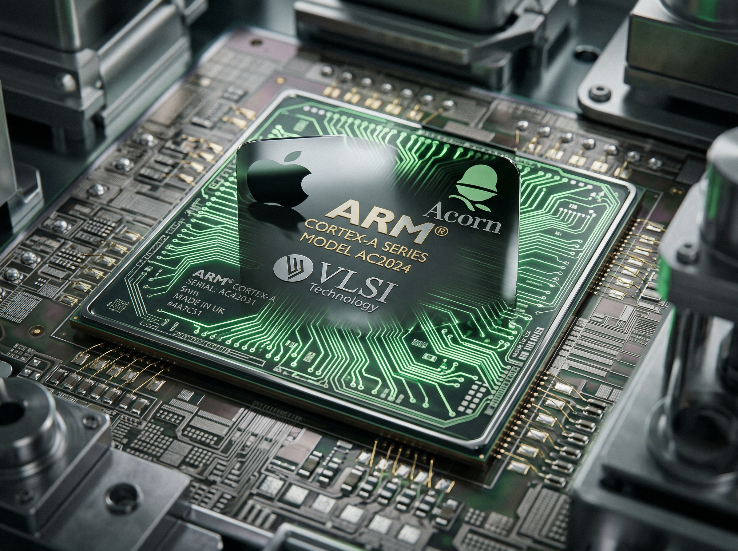 Macro photograph of an ARM processor chip with glowing sage green circuit traces