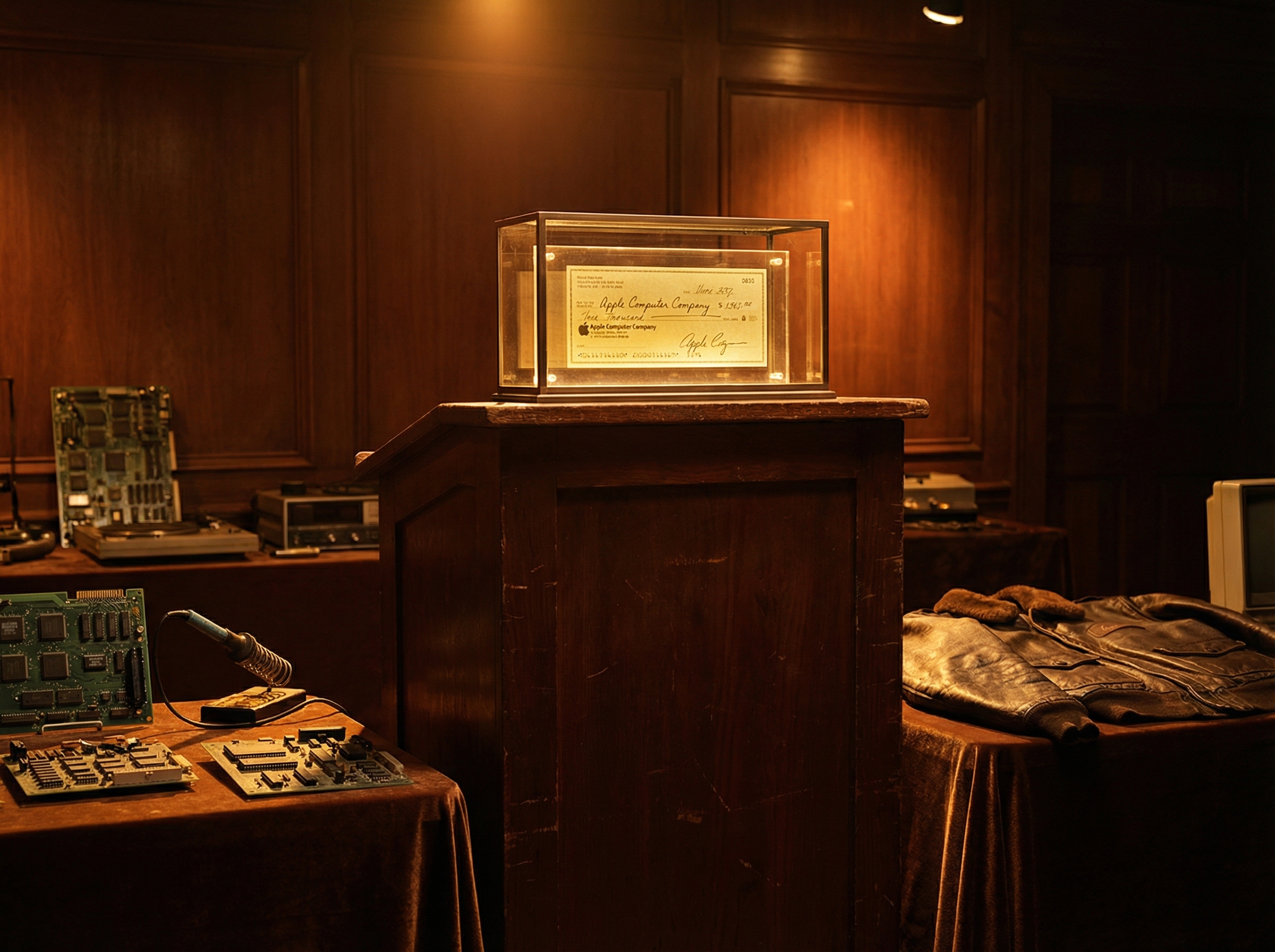 Vintage auction display with Apple Check No. 1 and garage workshop artifacts