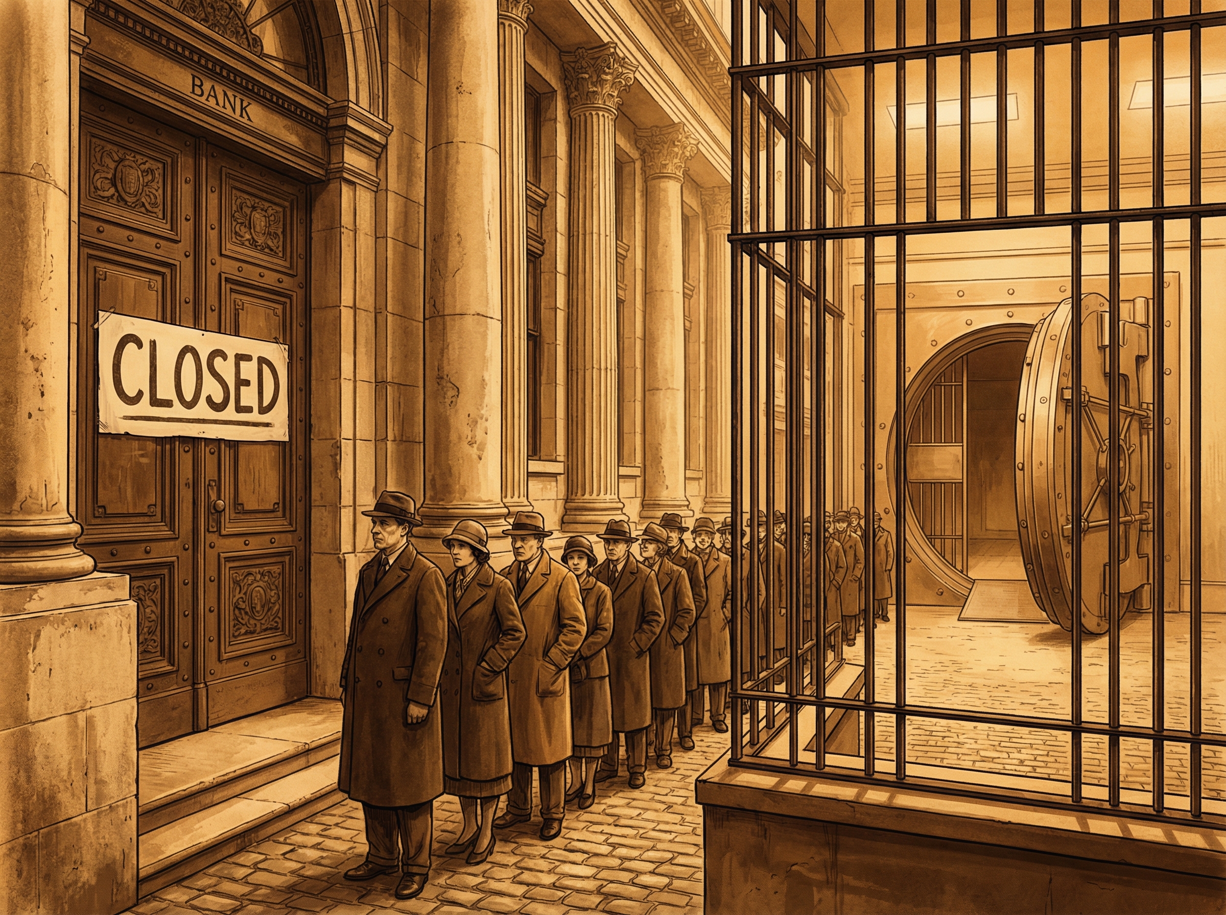 1930s bank with CLOSED sign, long line of depositors, empty vault visible