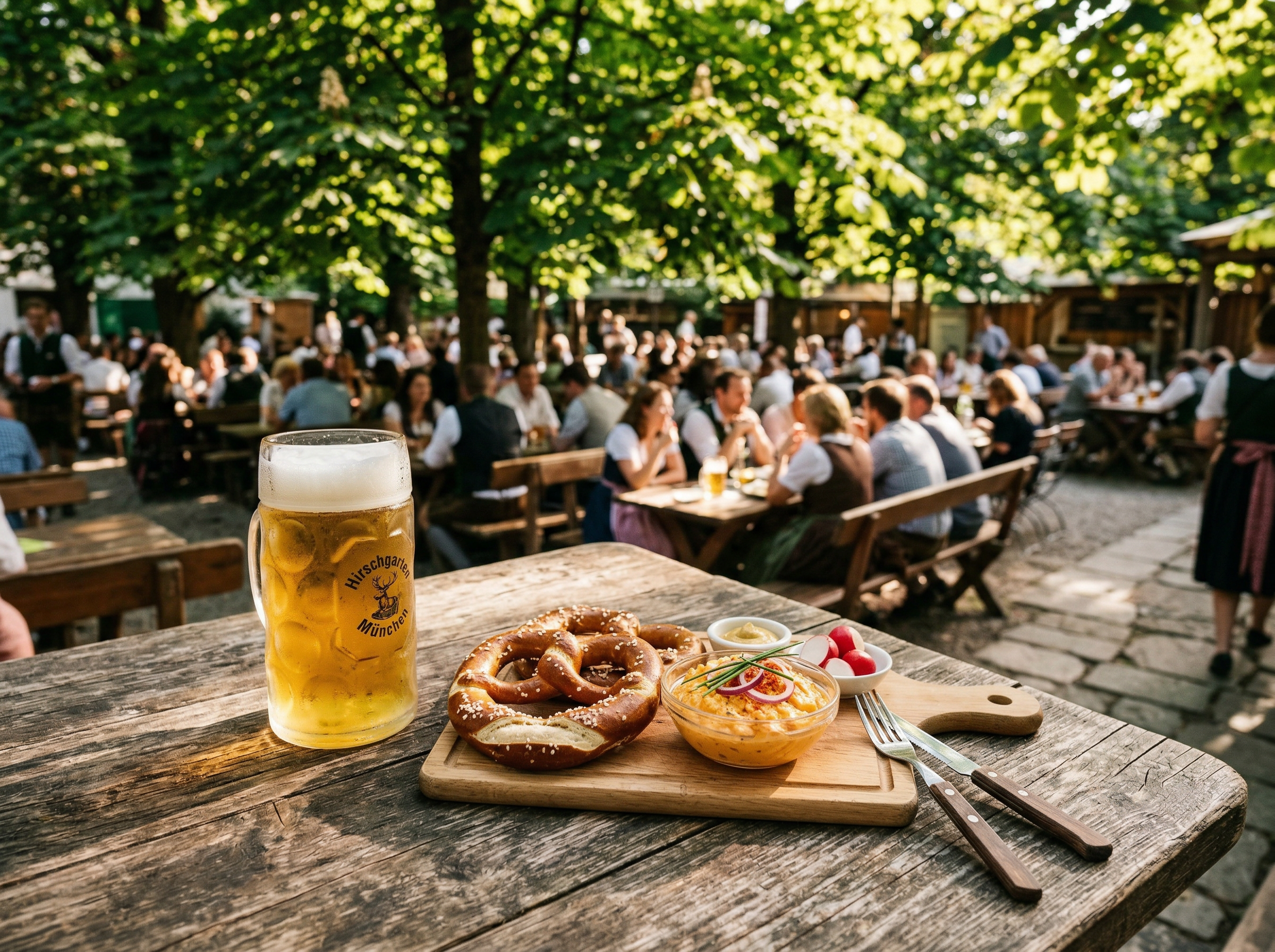 Traditional Bavarian beer garden under chestnut trees with a frosty Maß of golden beer, pretzels, and Obatzda on a rustic wooden table