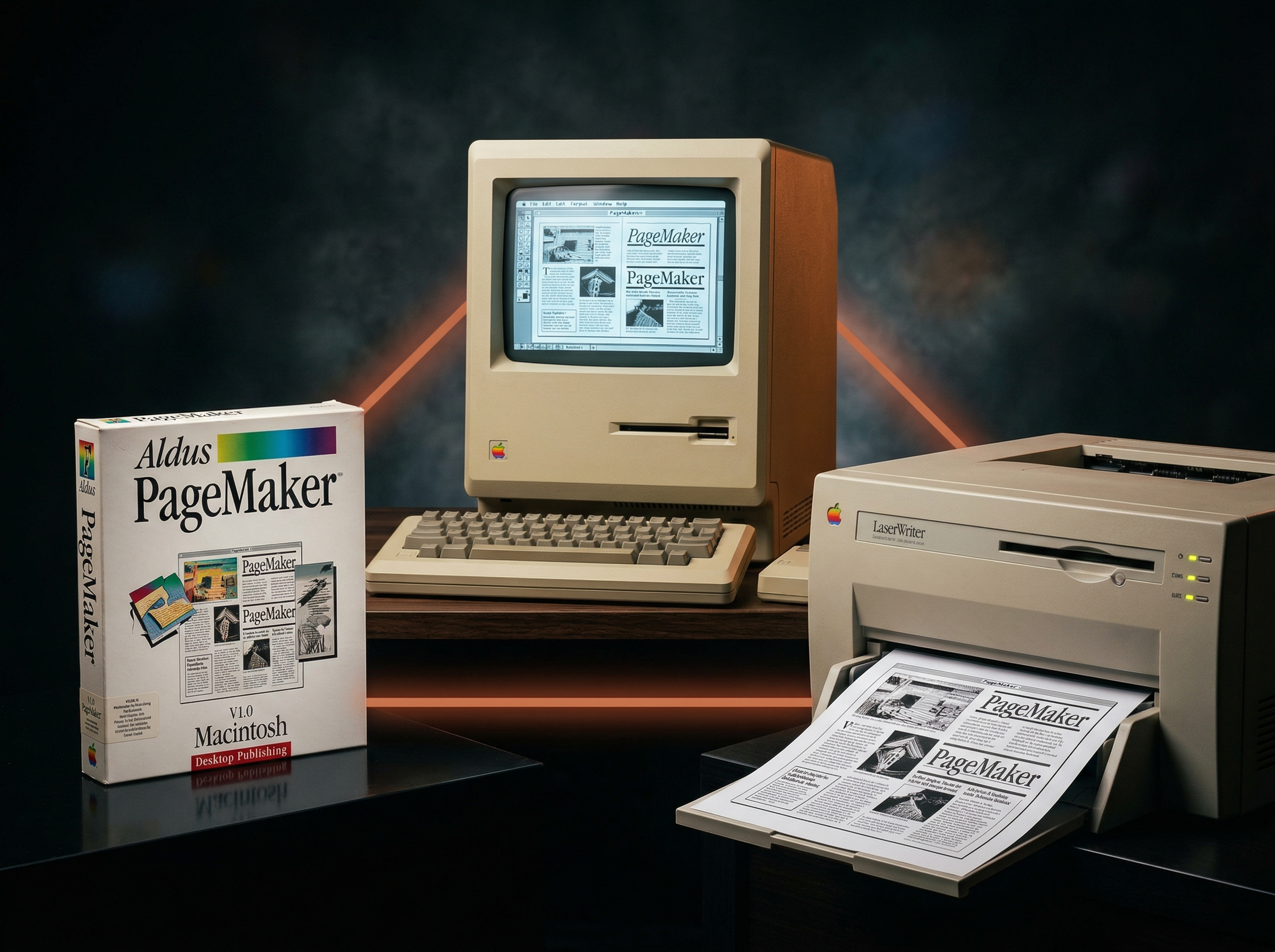 The Trinity of Desktop Publishing: Apple Macintosh, LaserWriter printer, and PageMaker software in dramatic product photography