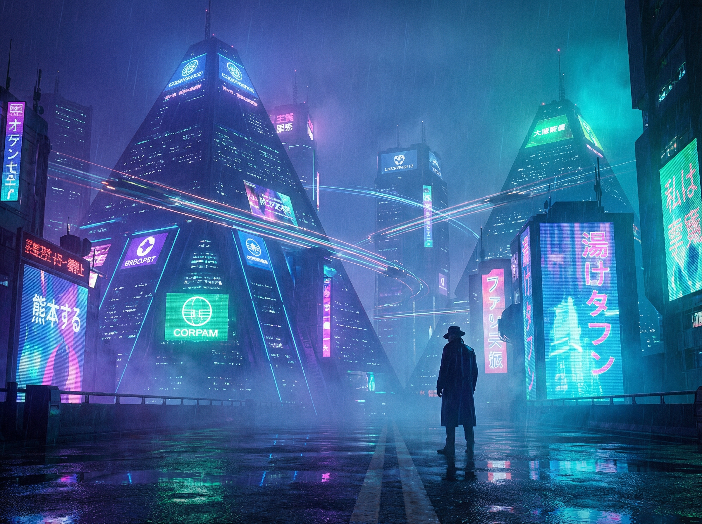 Neon-soaked dystopian cityscape with holographic advertisements in perpetual rain