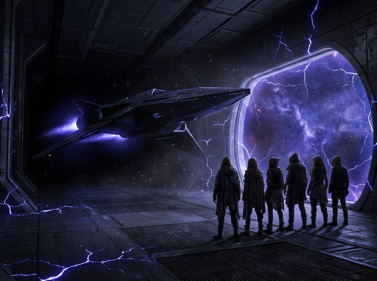 Seven silhouetted rebels before a futuristic viewscreen