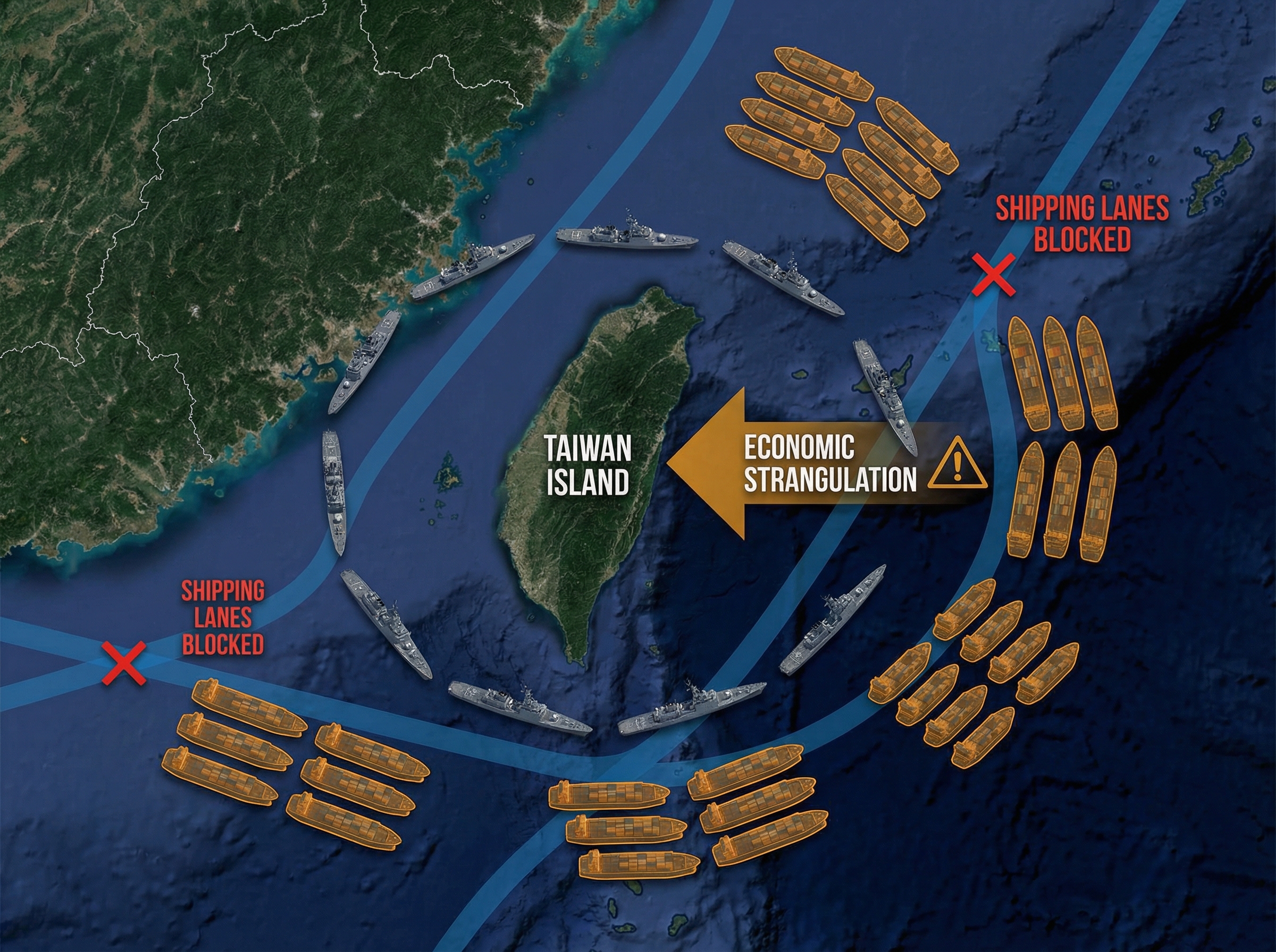 Satellite view of naval vessels forming a cordon around Taiwan