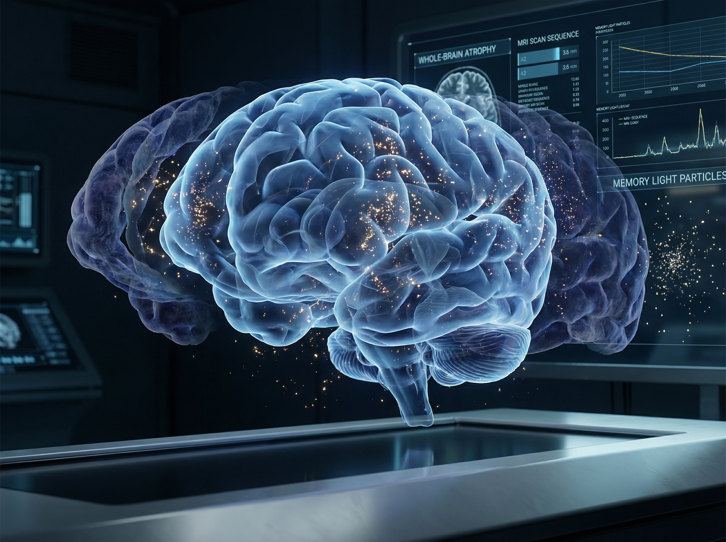 Holographic brain scan showing widespread atrophy patterns