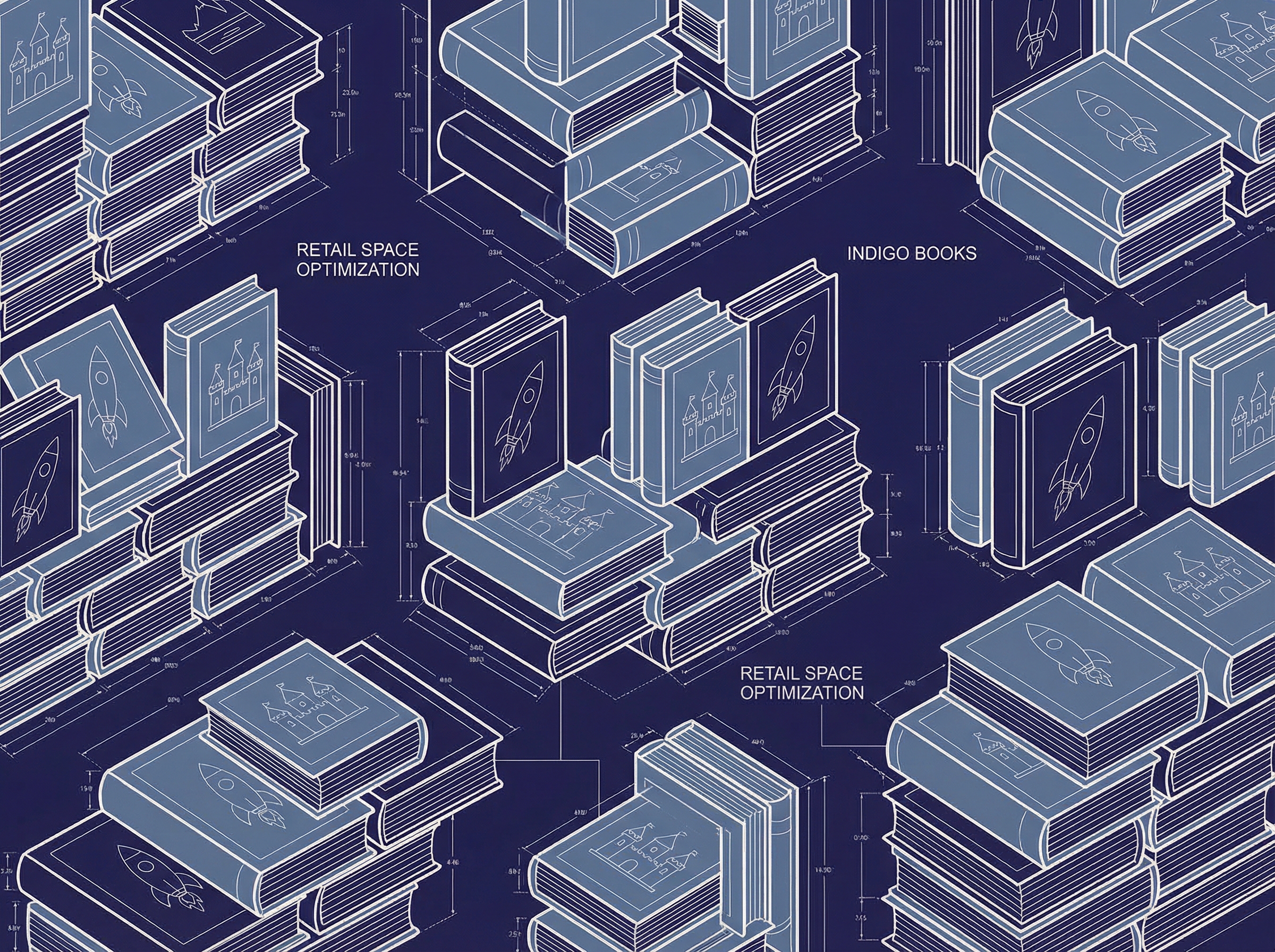 Birds-eye view of bookshelves arranged like Tetris blocks