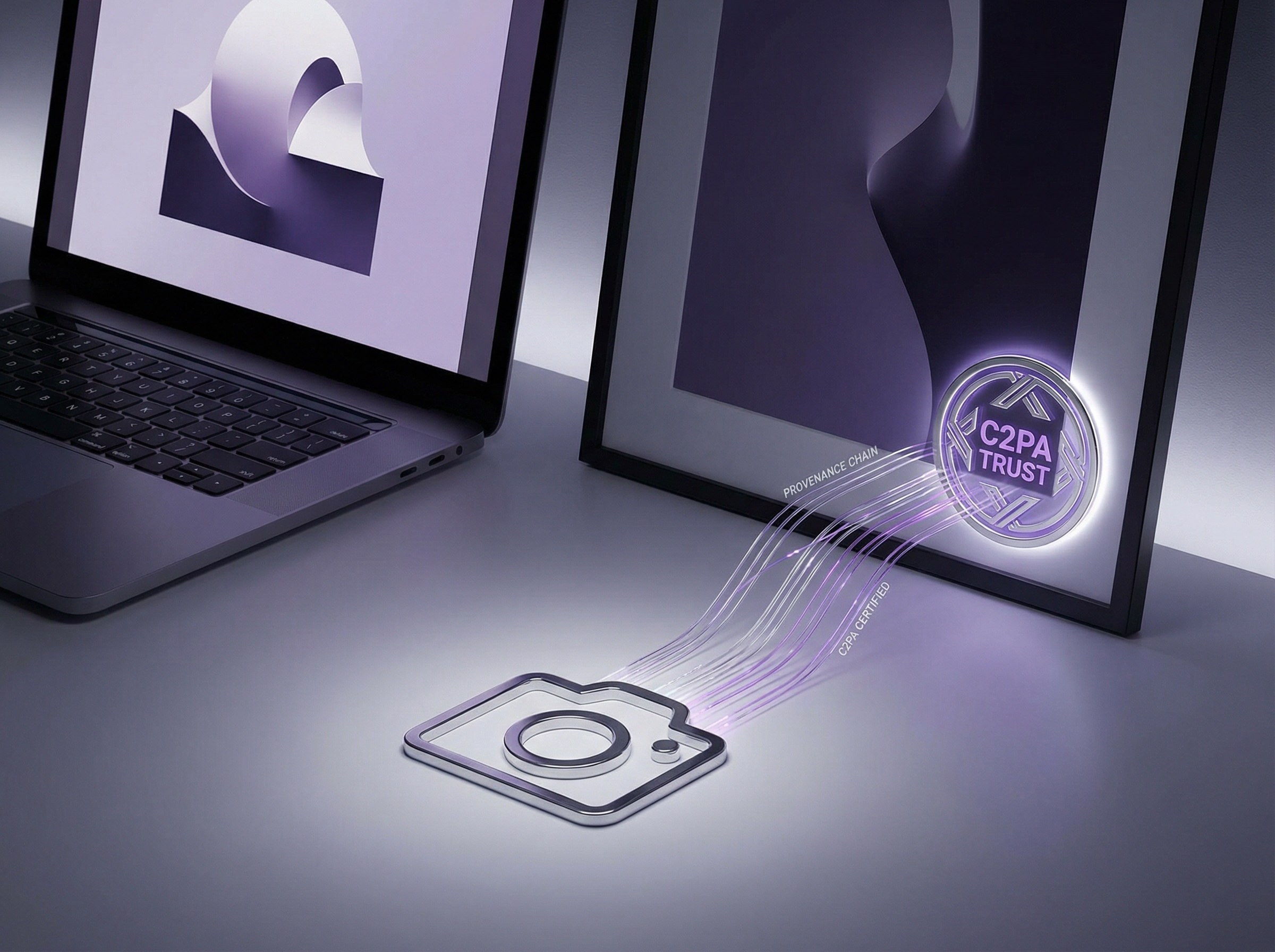 A photograph with a luminous holographic trust seal, digital provenance threads connecting it to a camera