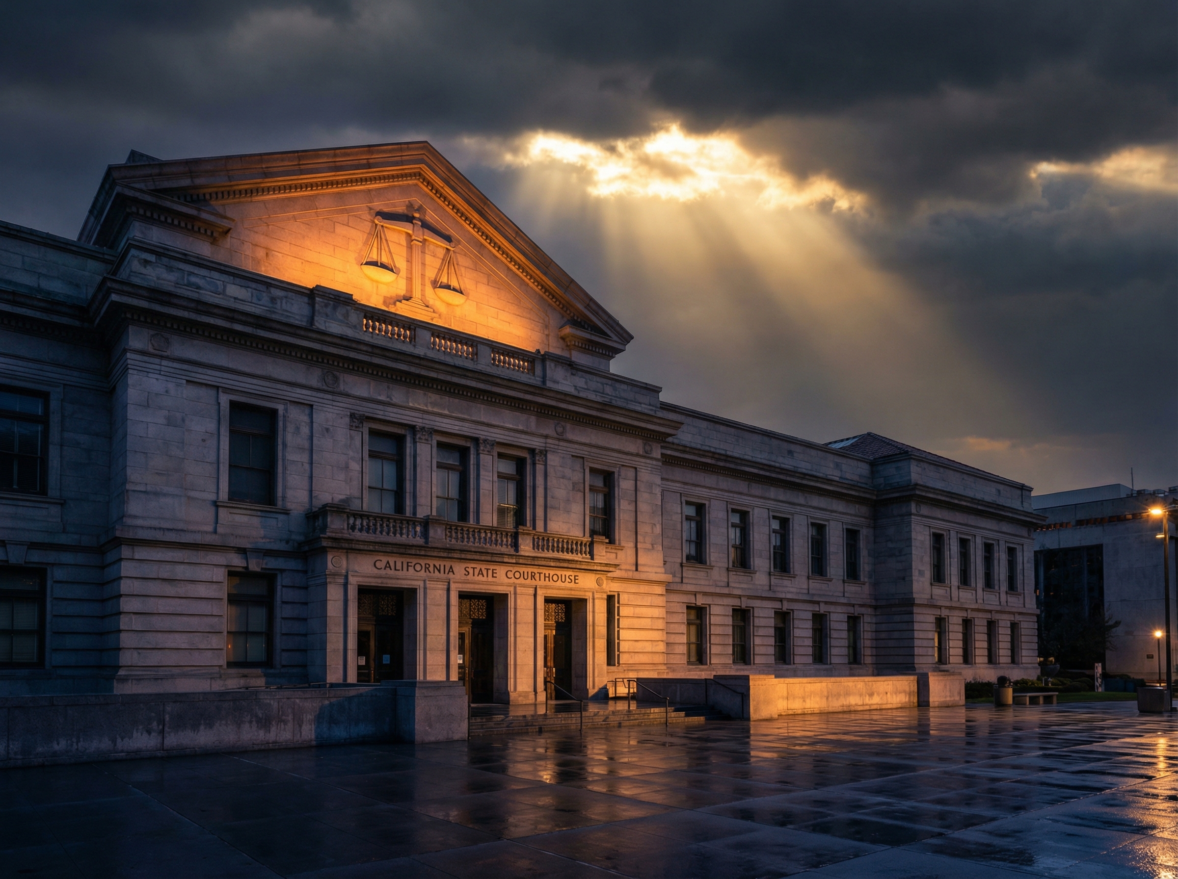 California courthouse with golden light breaking through storm clouds