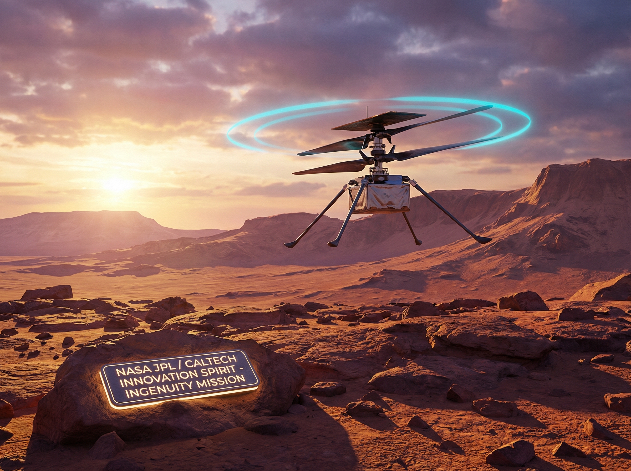 Mars helicopter Ingenuity hovering over Martian landscape