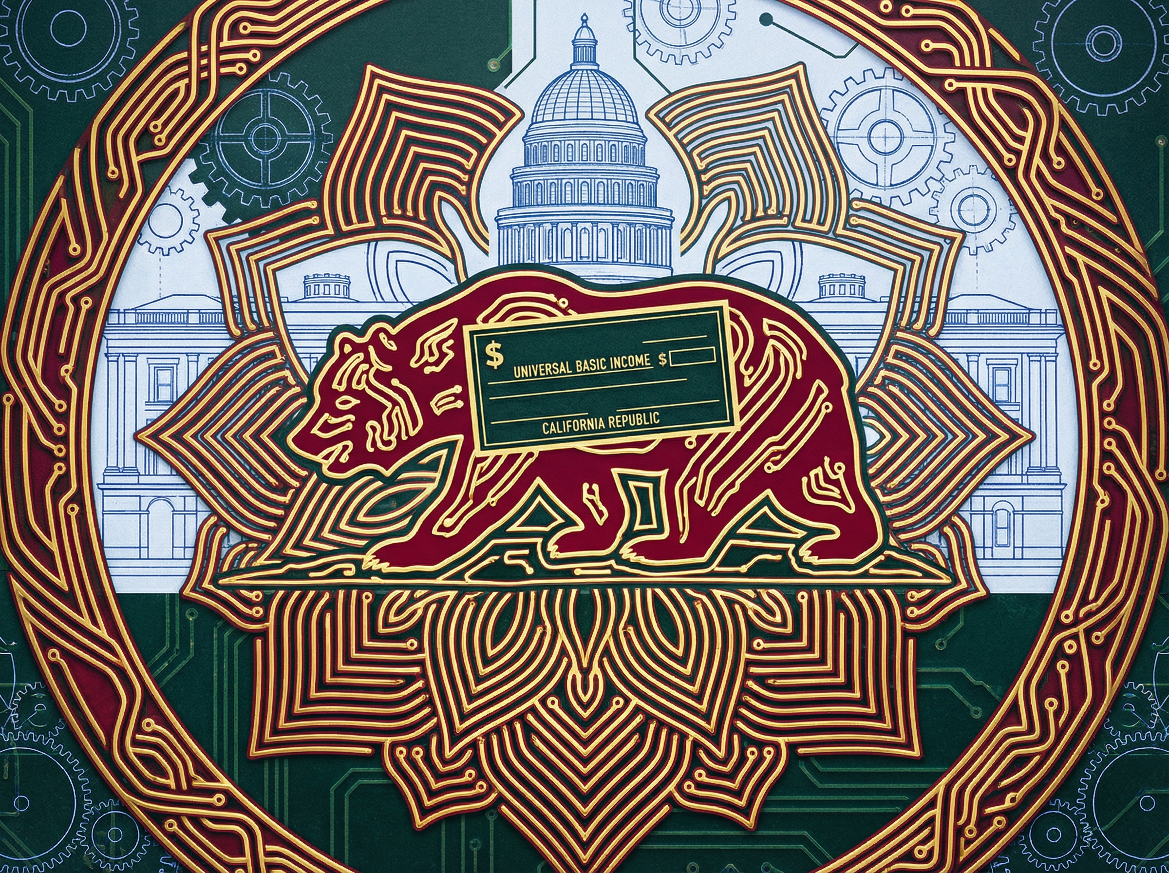 California state seal reimagined as a circuit board with UBI check