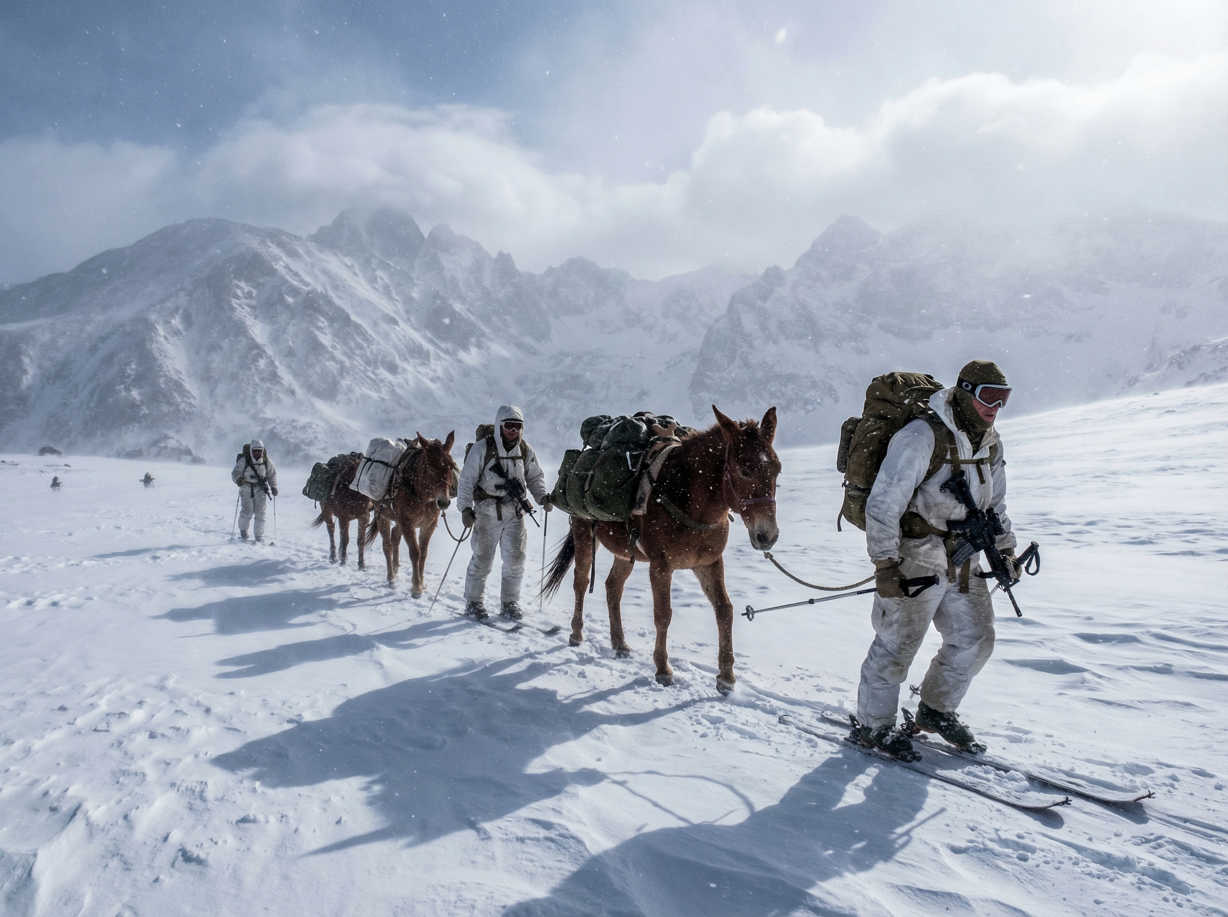 Soldiers training with pack mules in deep snow at Camp Hale, Colorado