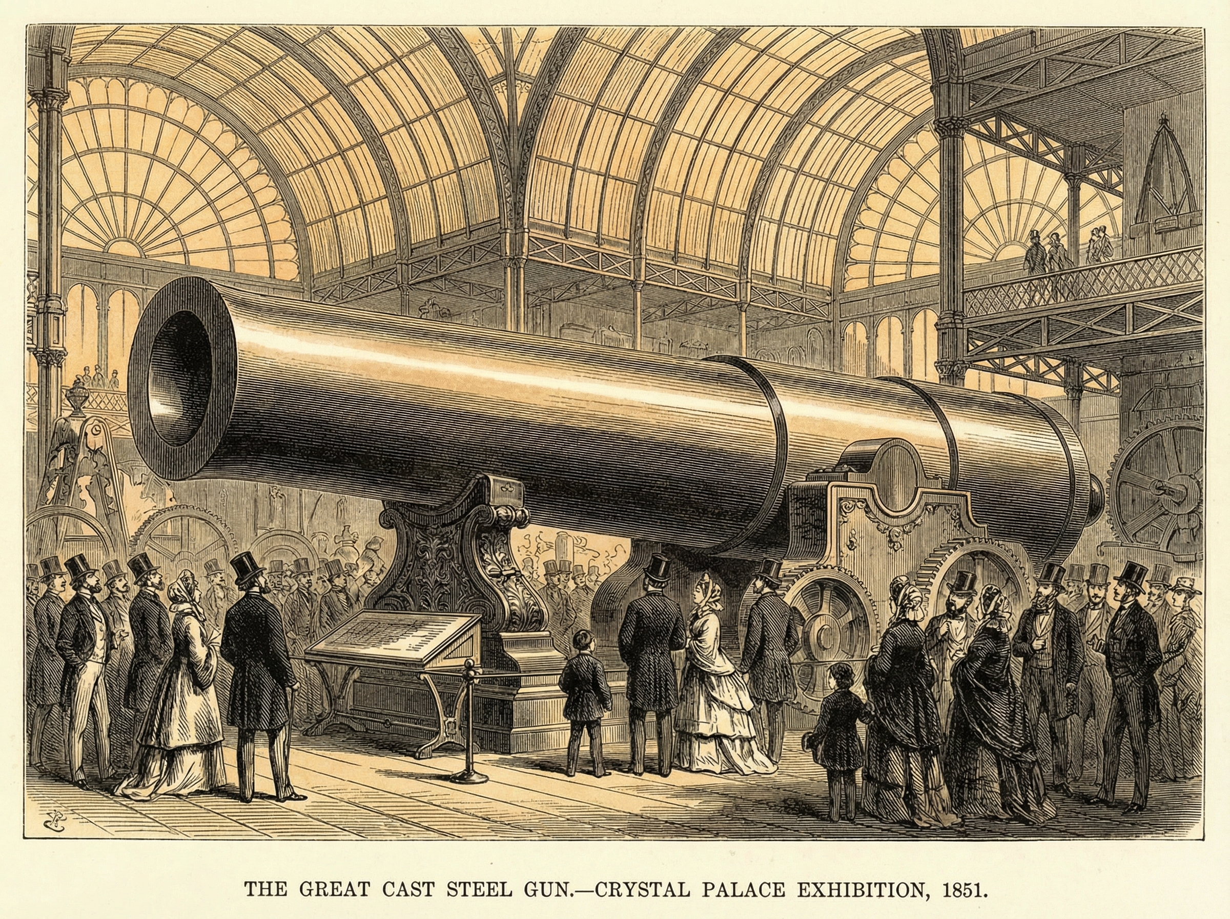 A colossal cast steel cannon at the 1851 Crystal Palace exhibition, surrounded by Victorian-era spectators