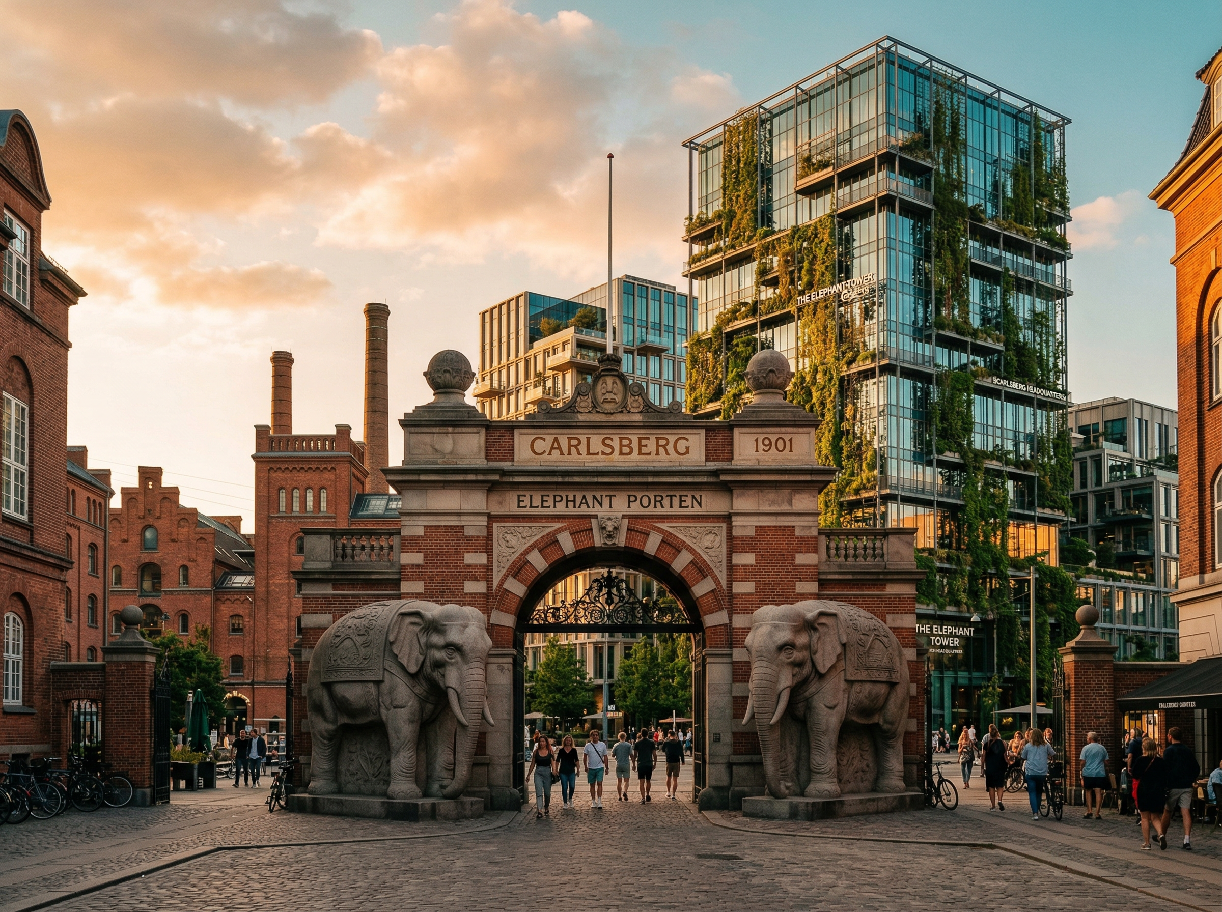 The historic Carlsberg Elephant Gate with modern glass towers and vertical gardens rising behind it