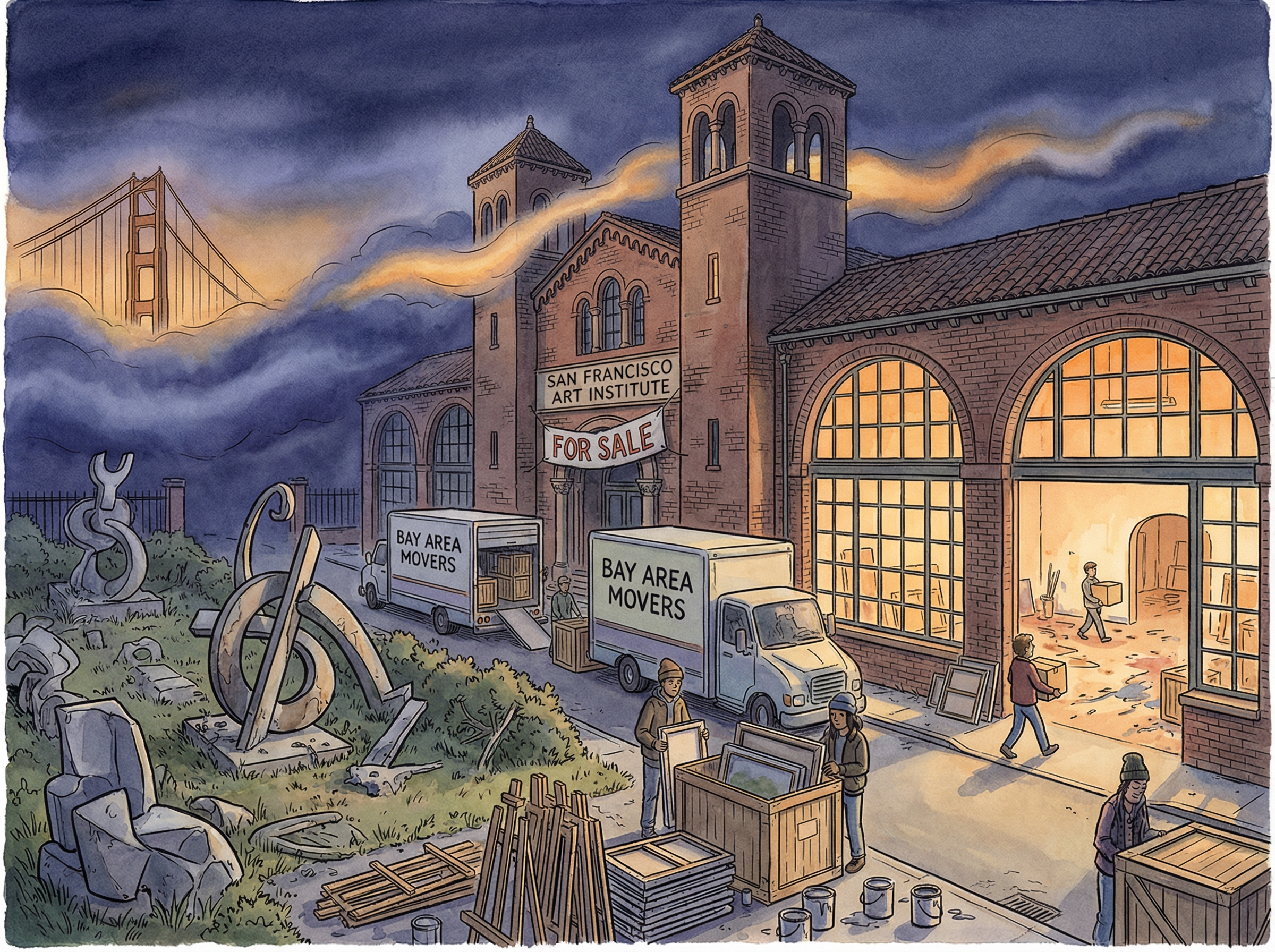 Art college building in San Francisco with FOR SALE sign, student artwork being packed into crates
