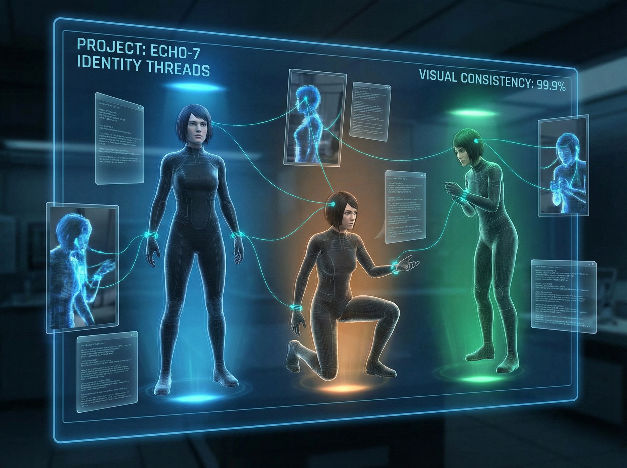 Multiple consistent character poses connected by identity threads