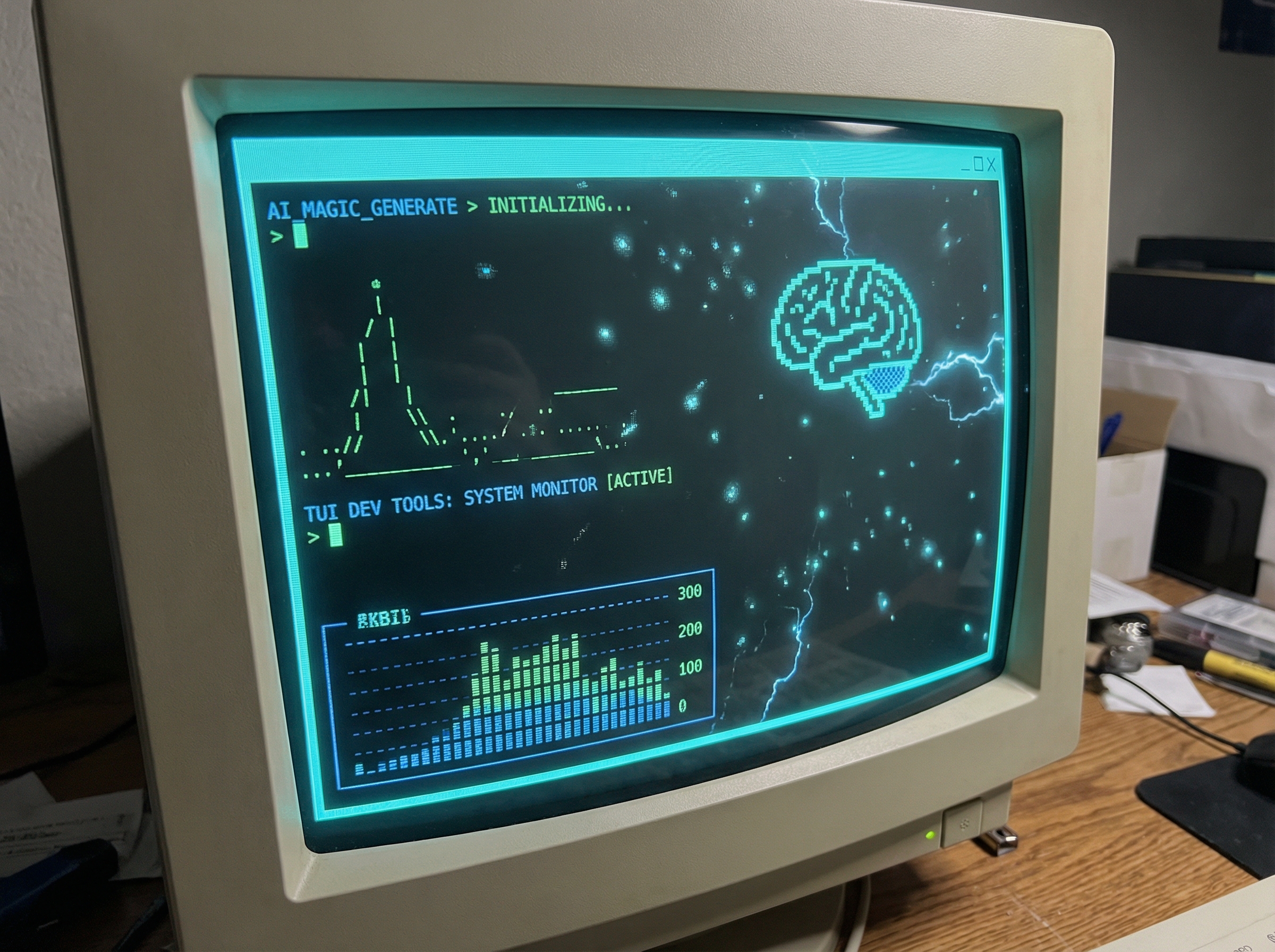 Terminal interface with glowing AI magic and retro CRT aesthetic