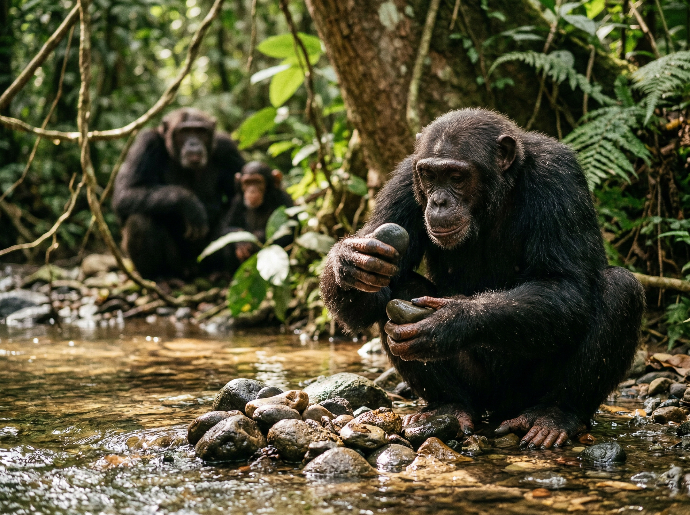 A chimpanzee carefully selecting and examining stones from a riverbed