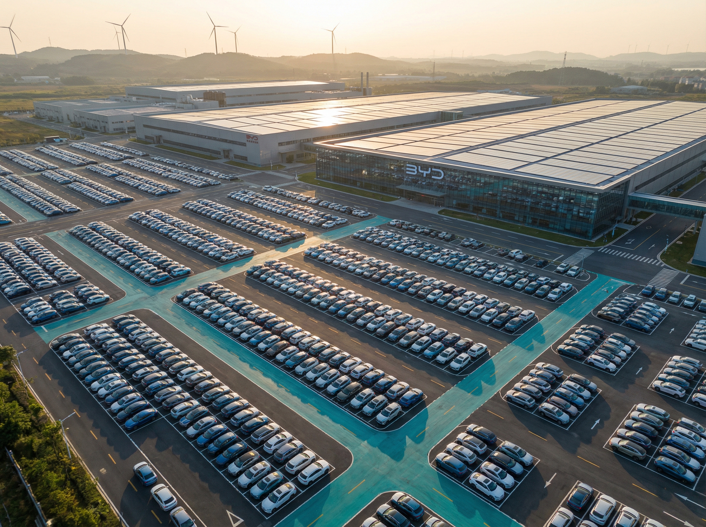Aerial view of a massive Chinese EV factory with thousands of vehicles in organized rows