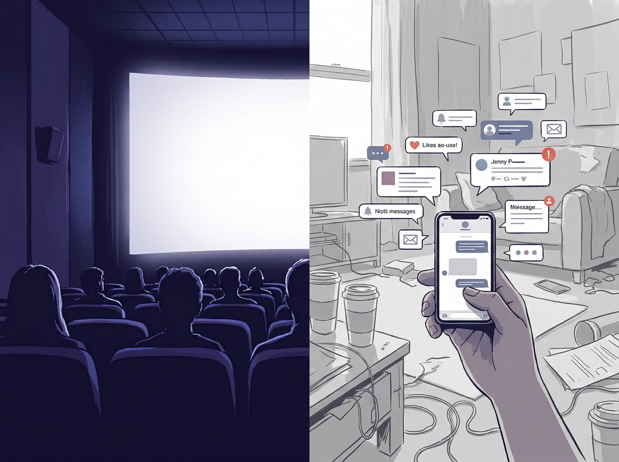 Split composition showing a dark movie theater with a glowing screen on the left, and a small phone screen in a bright room with notifications on the right