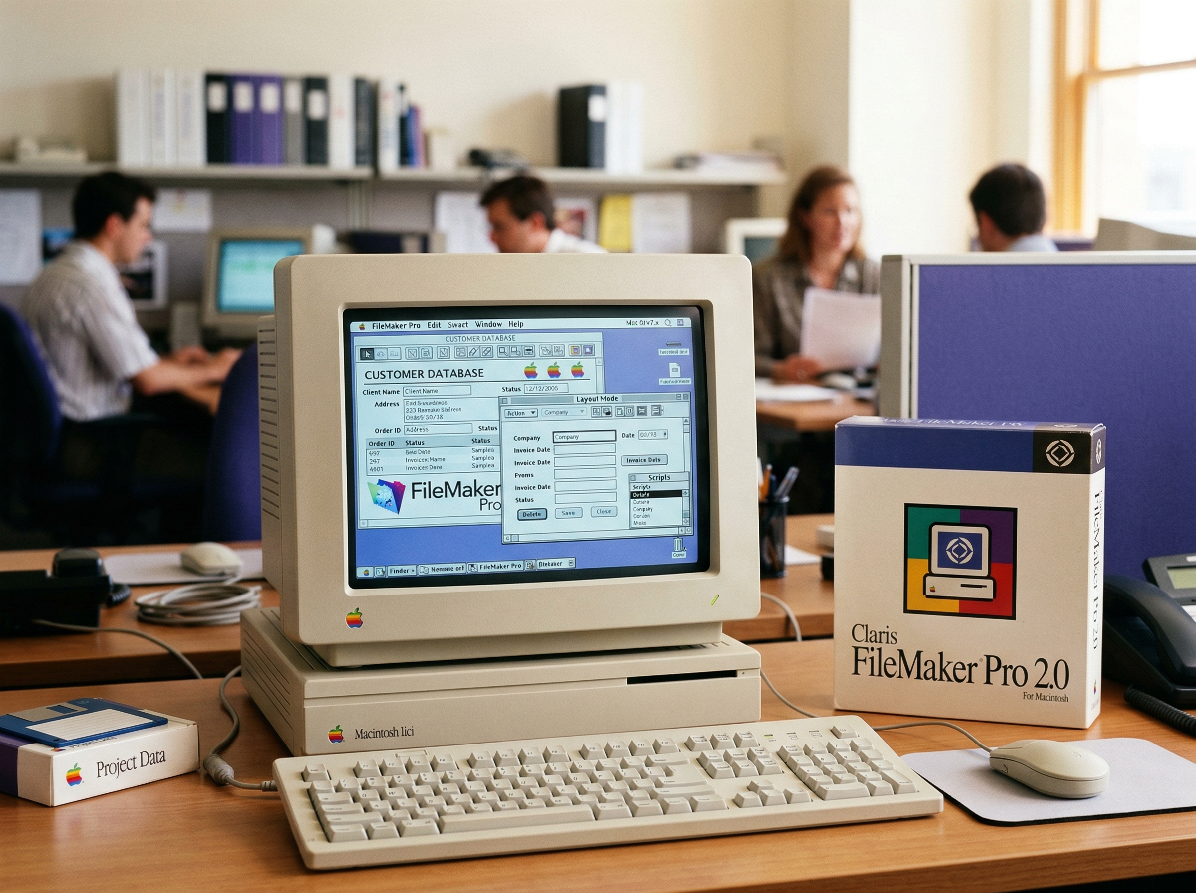 Classic Macintosh running Claris FileMaker Pro with the iconic rainbow Apple logo
