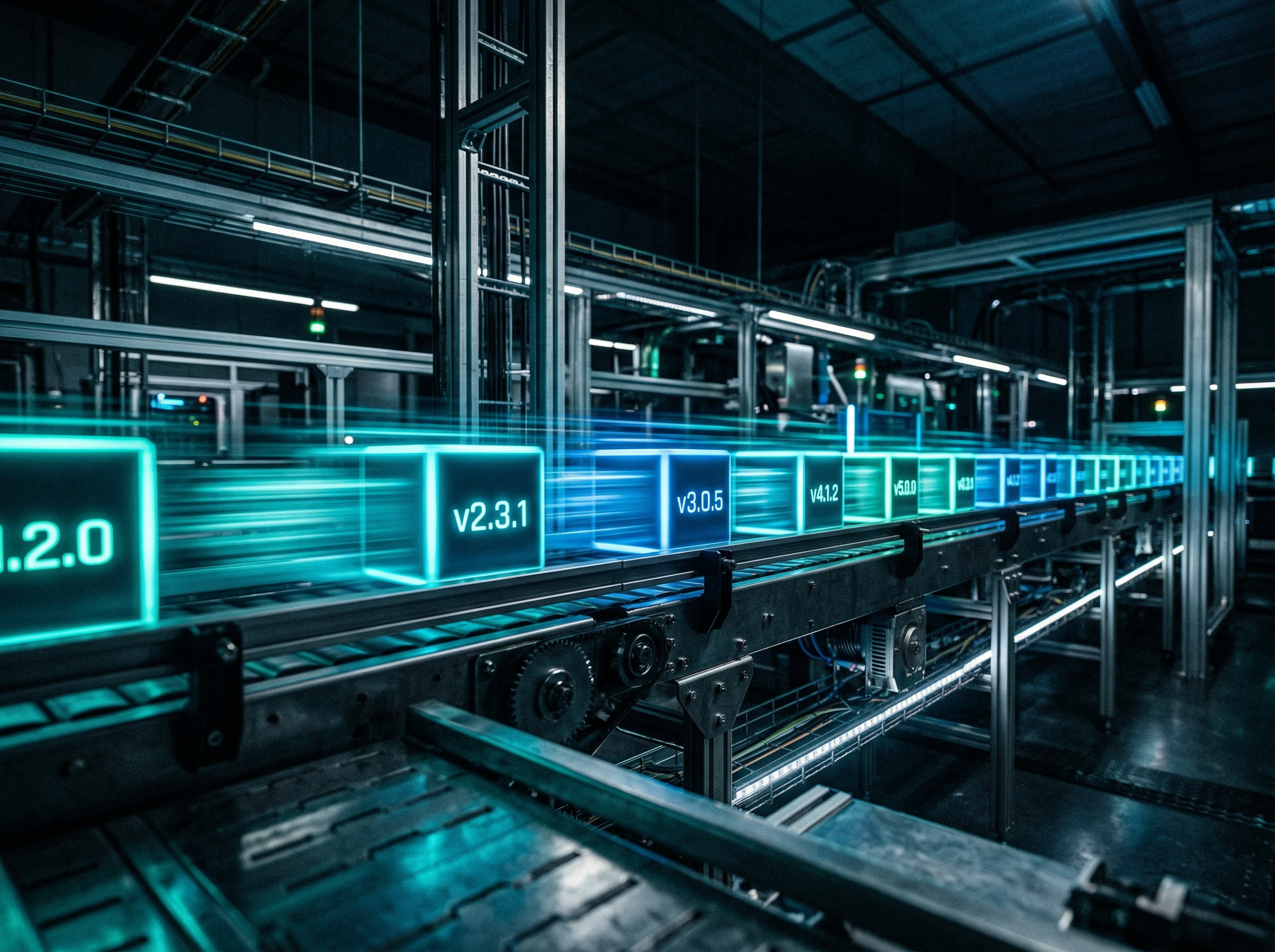 A rapid-fire conveyor belt of glowing software releases moving at high speed through a pipeline