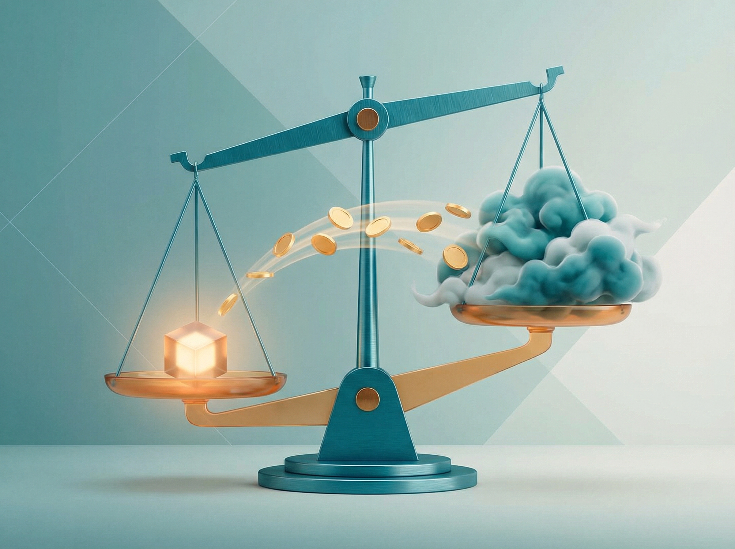 Balance scale with a small glowing cube versus clouds, coins flowing between them