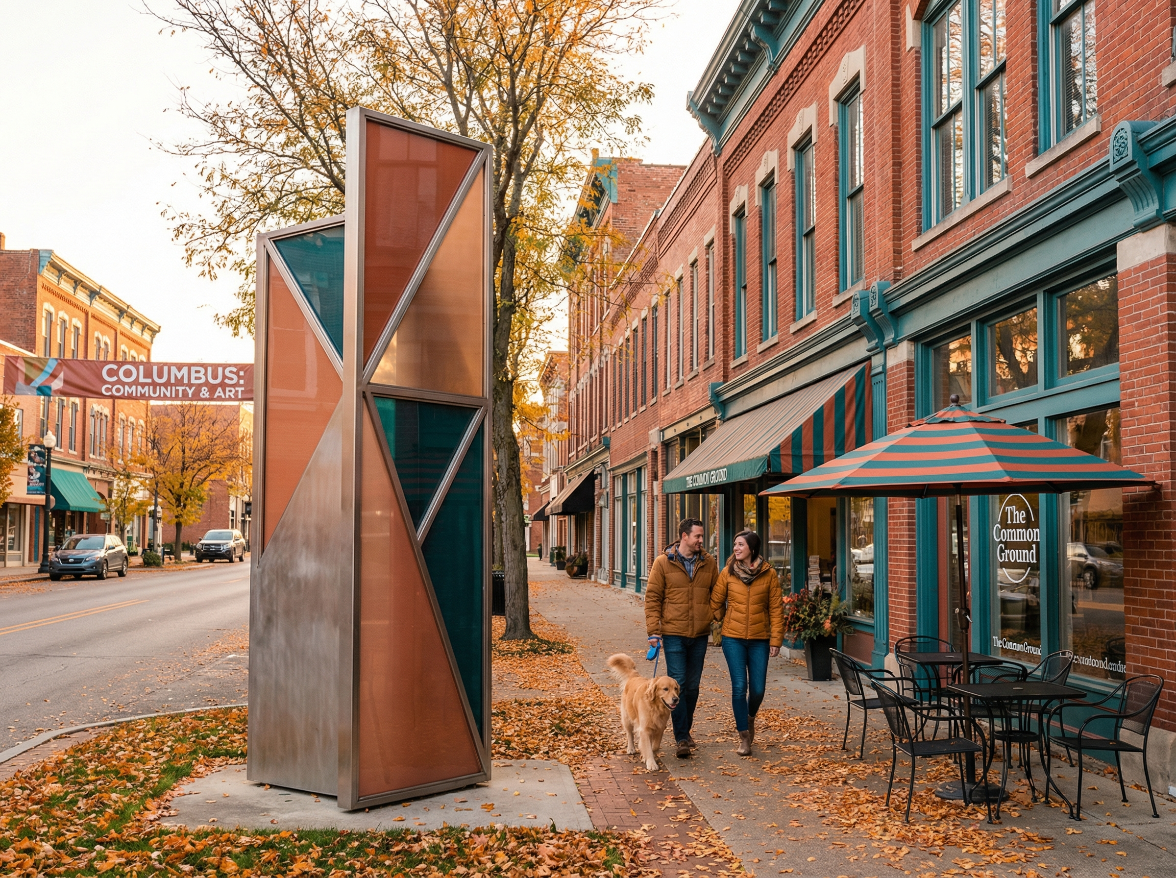 Charming small-town America street scene in Columbus, Indiana