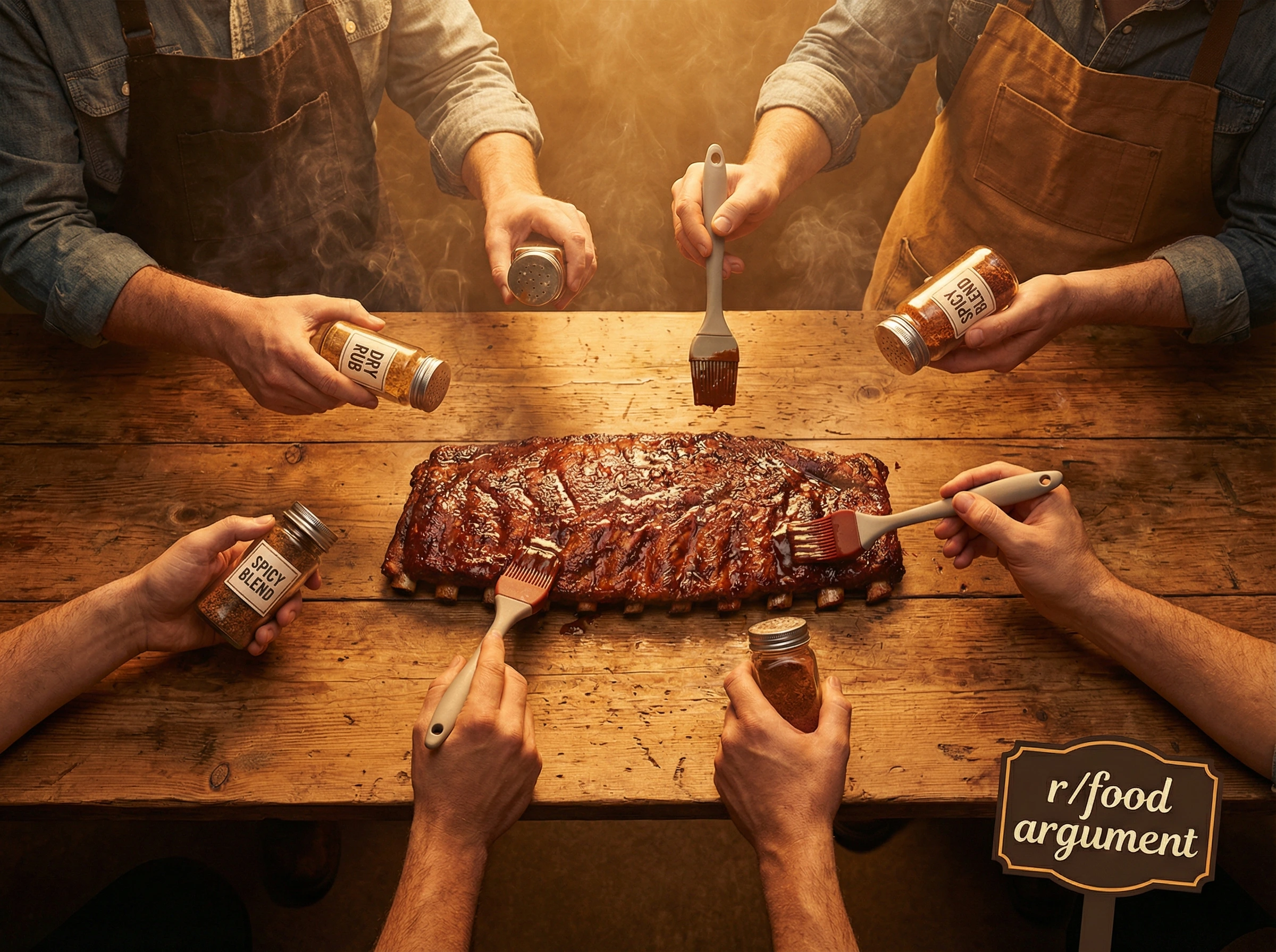 Multiple hands reaching toward ribs, some holding rub shakers, others sauce brushes