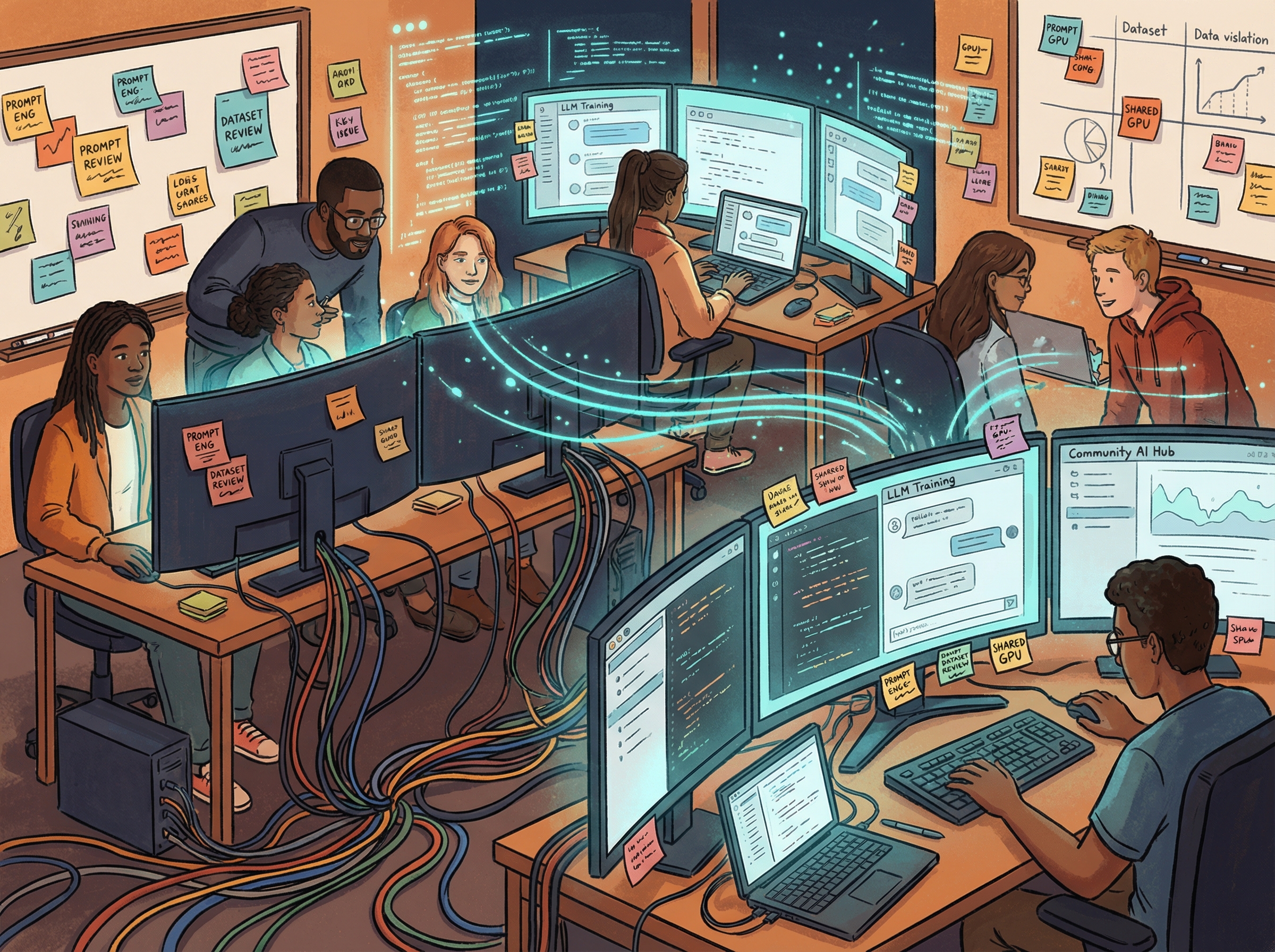 Developer community collaborating on AI projects with multiple screens