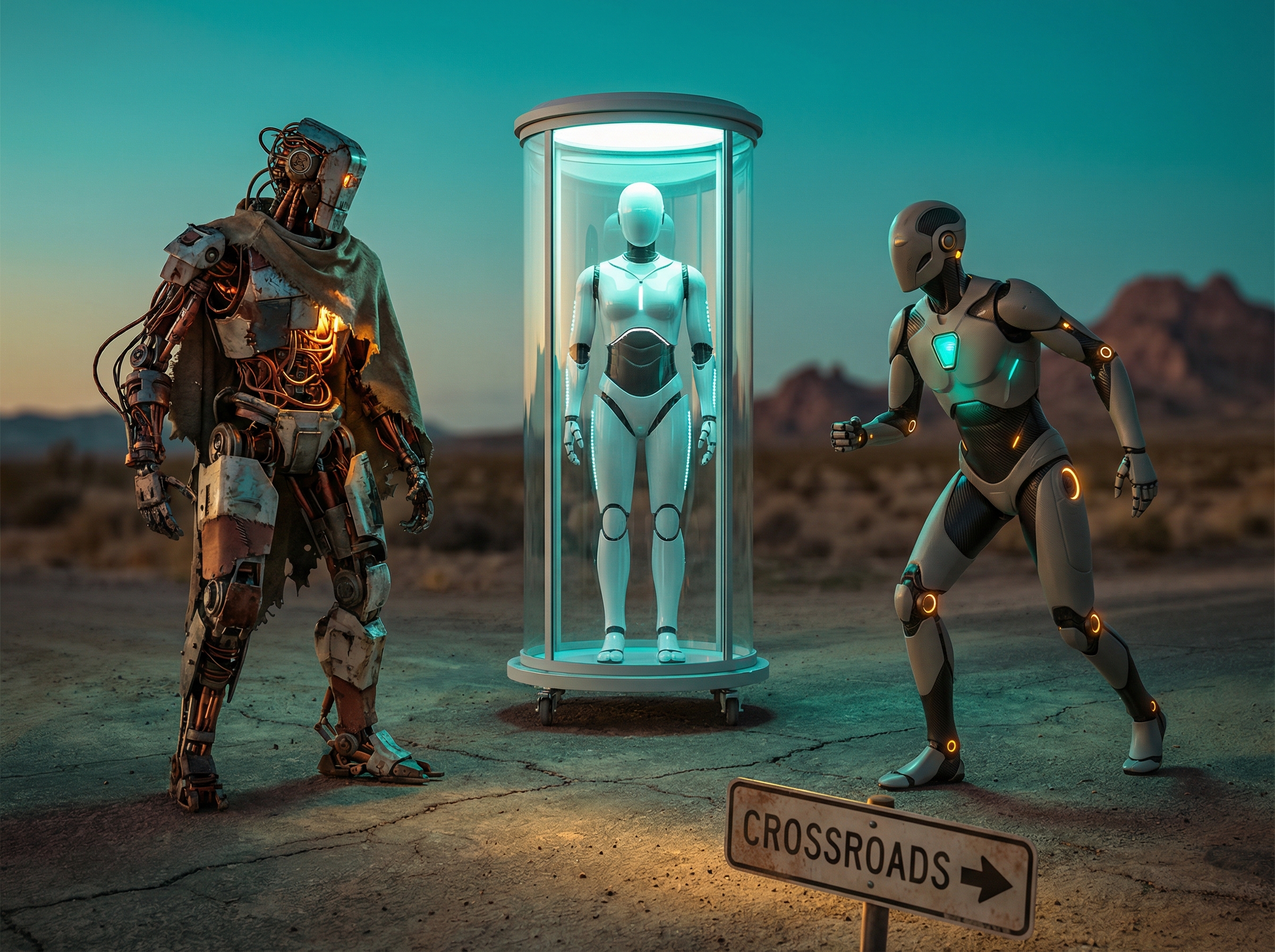 Three distinct AI robot figures at a crossroads, one wild, one contained, one minimal