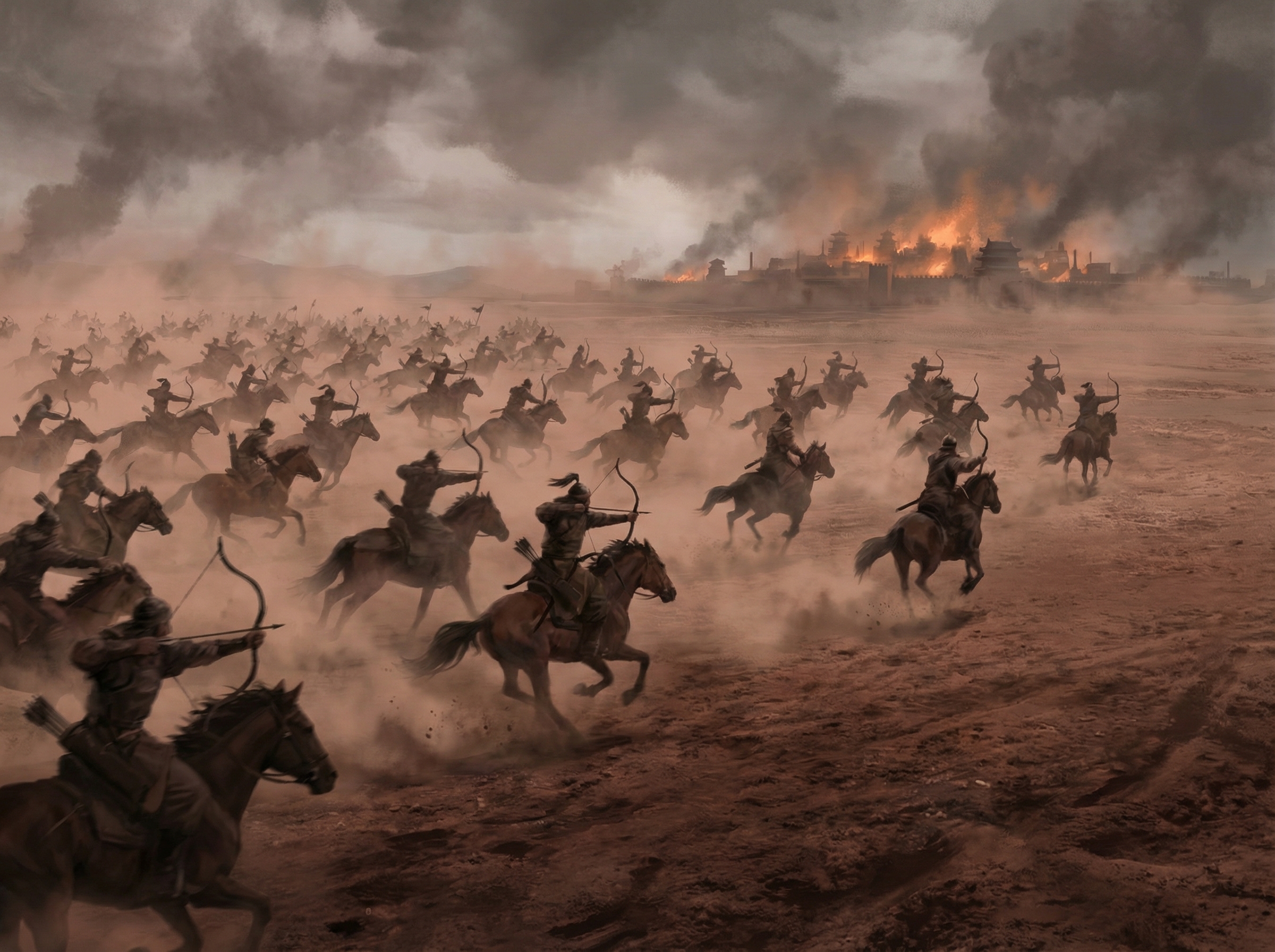 Mongol cavalry charge across an open battlefield, horses and riders moving as one fluid mass