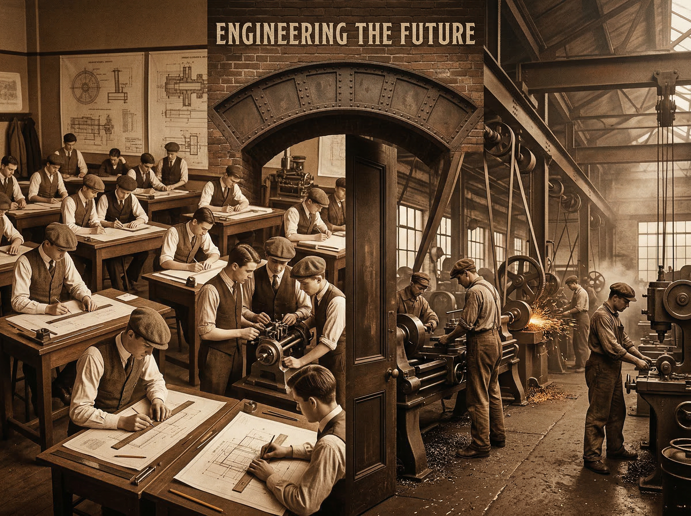 Split composition of 1920s engineering students and an industrial factory floor, connected by warm sepia tones