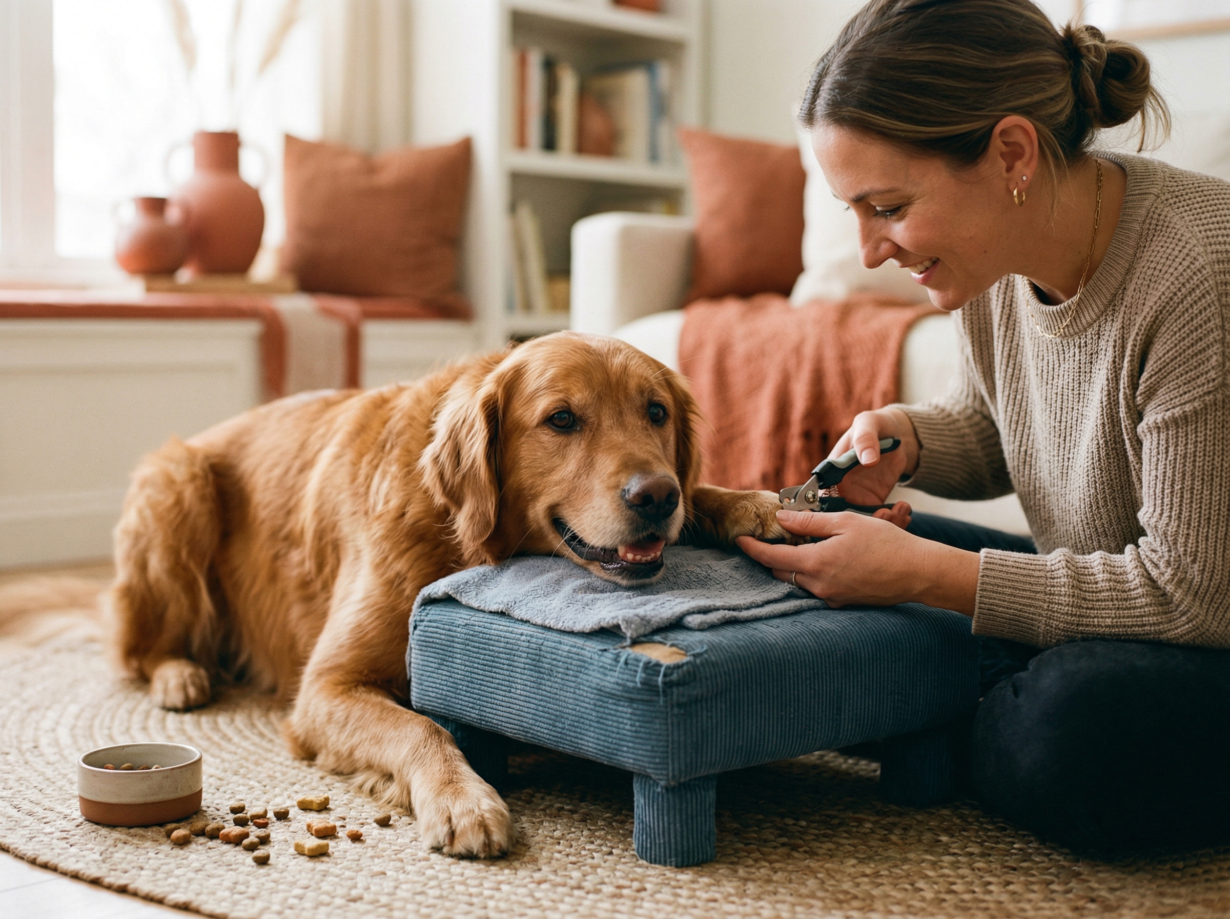 A happy dog resting its chin on a padded platform during a cooperative nail trimming session