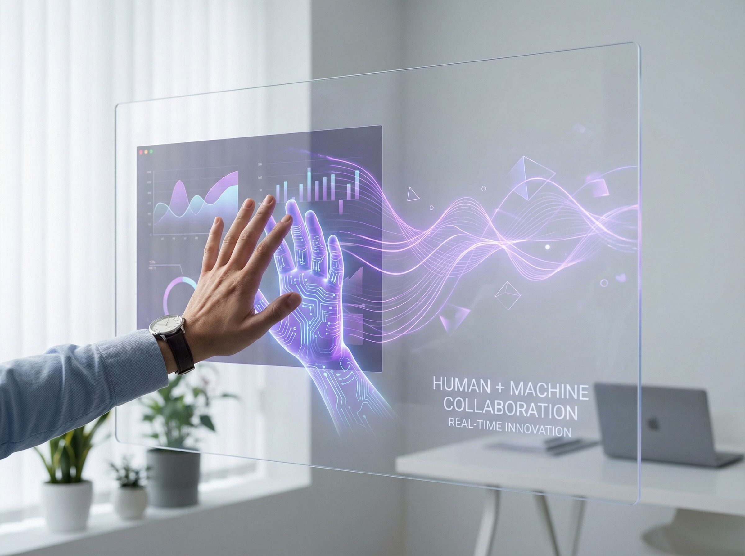 A human hand and an AI hand both reshaping a presentation slide in real-time with flowing violet energy
