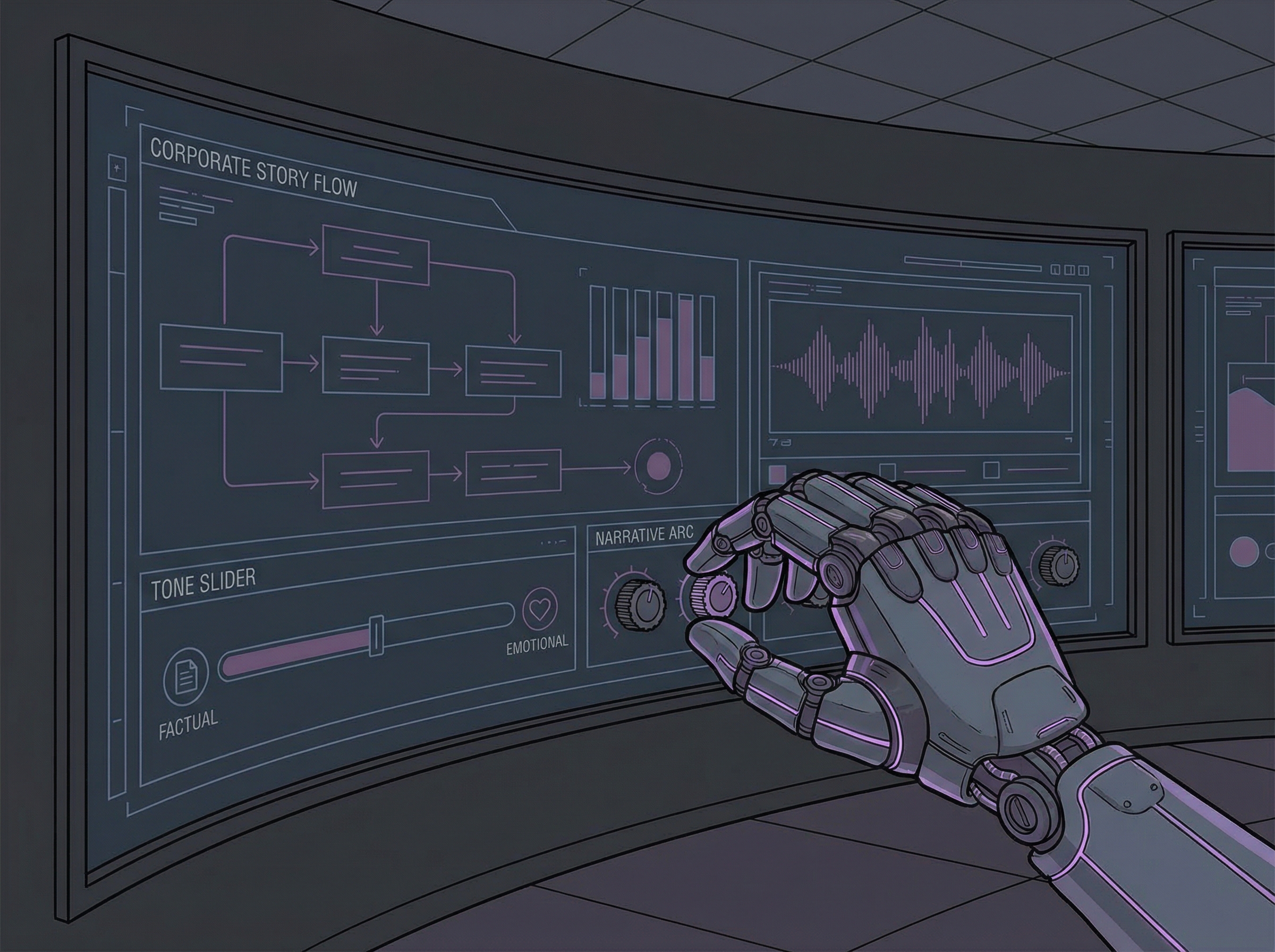 Robotic hand adjusting narrative control dials on a corporate presentation screen