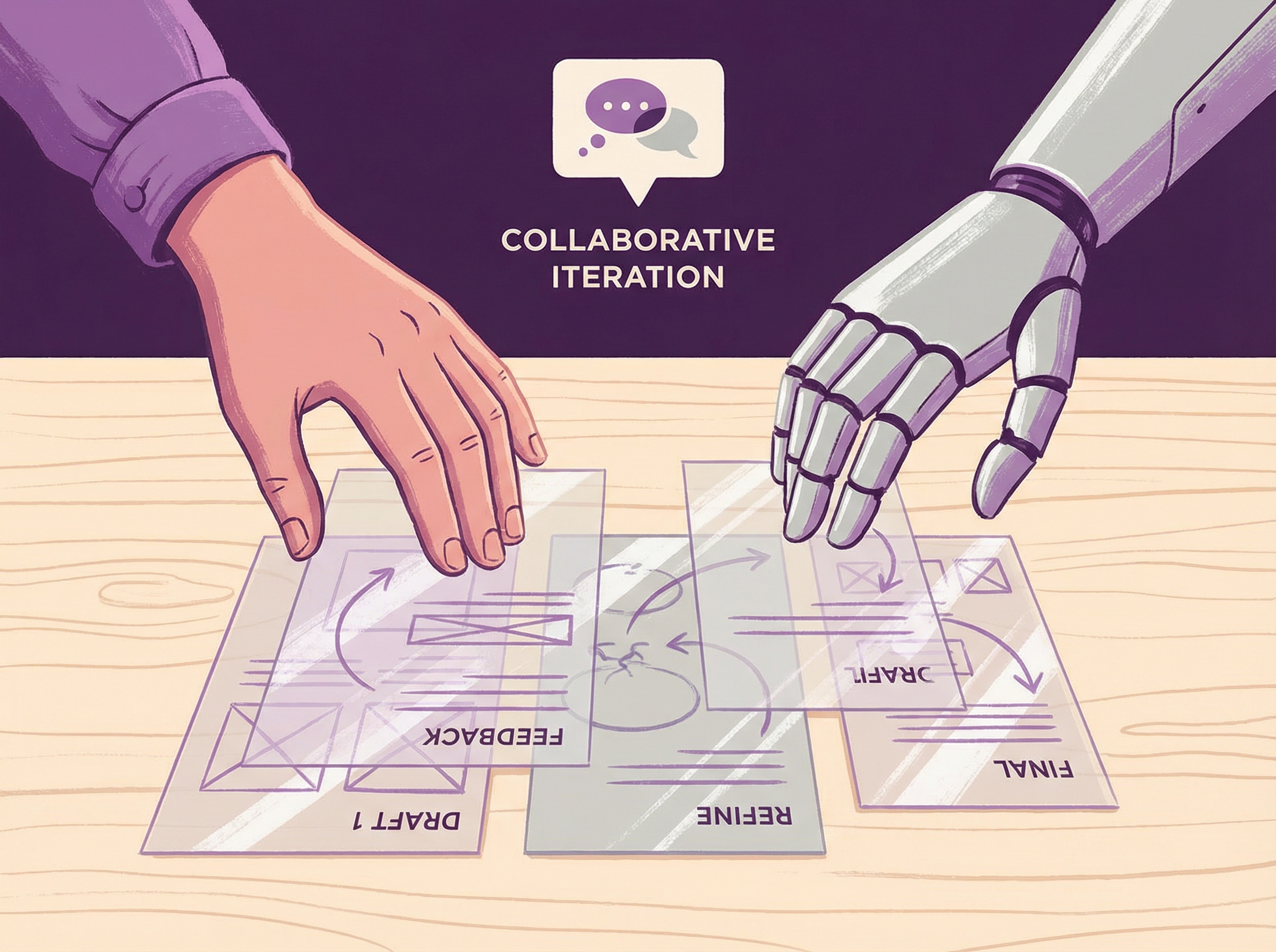 Human and robotic hands arranging presentation slides together